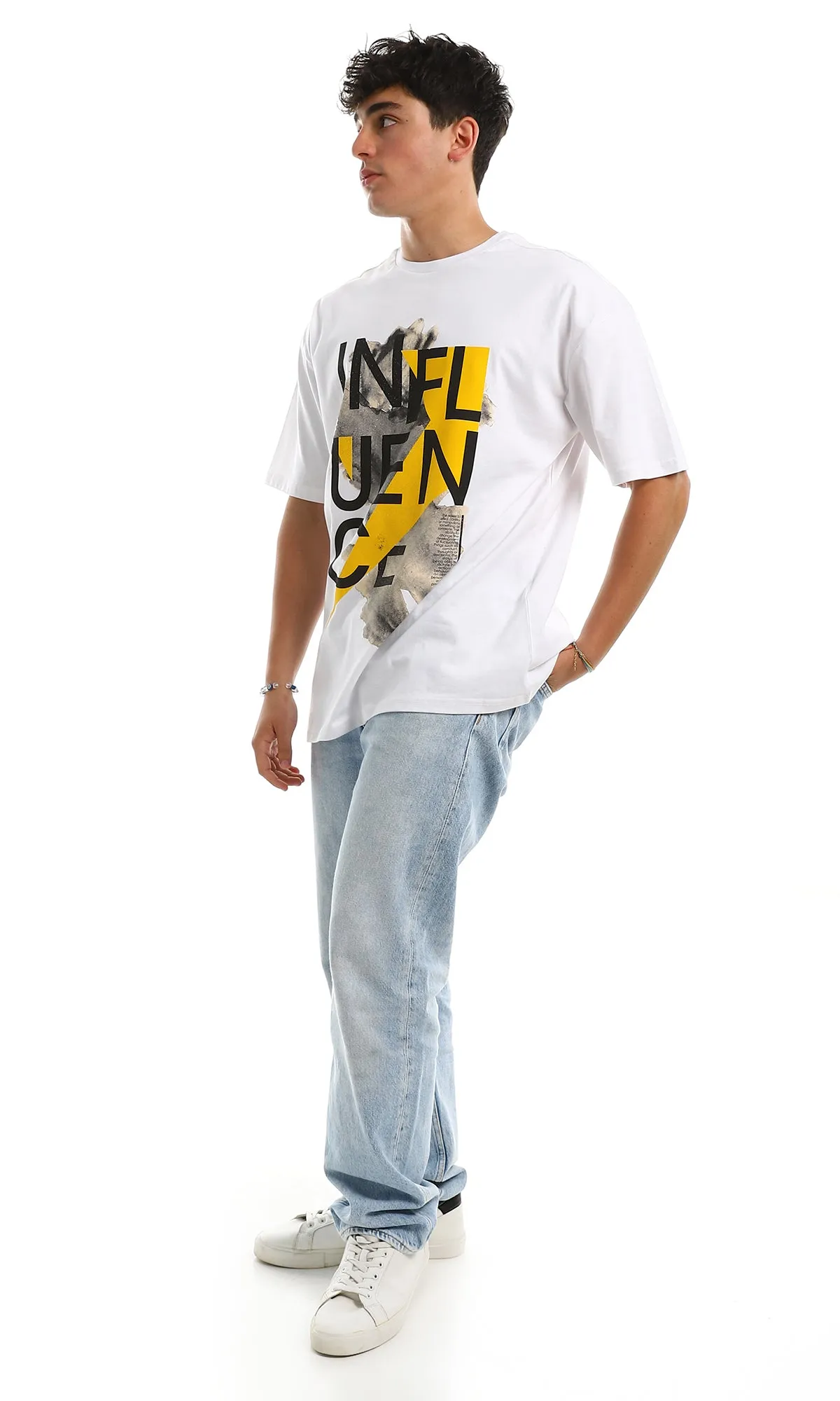 97381 Relaxed Fit Printed "Influence" Cotton White Tee