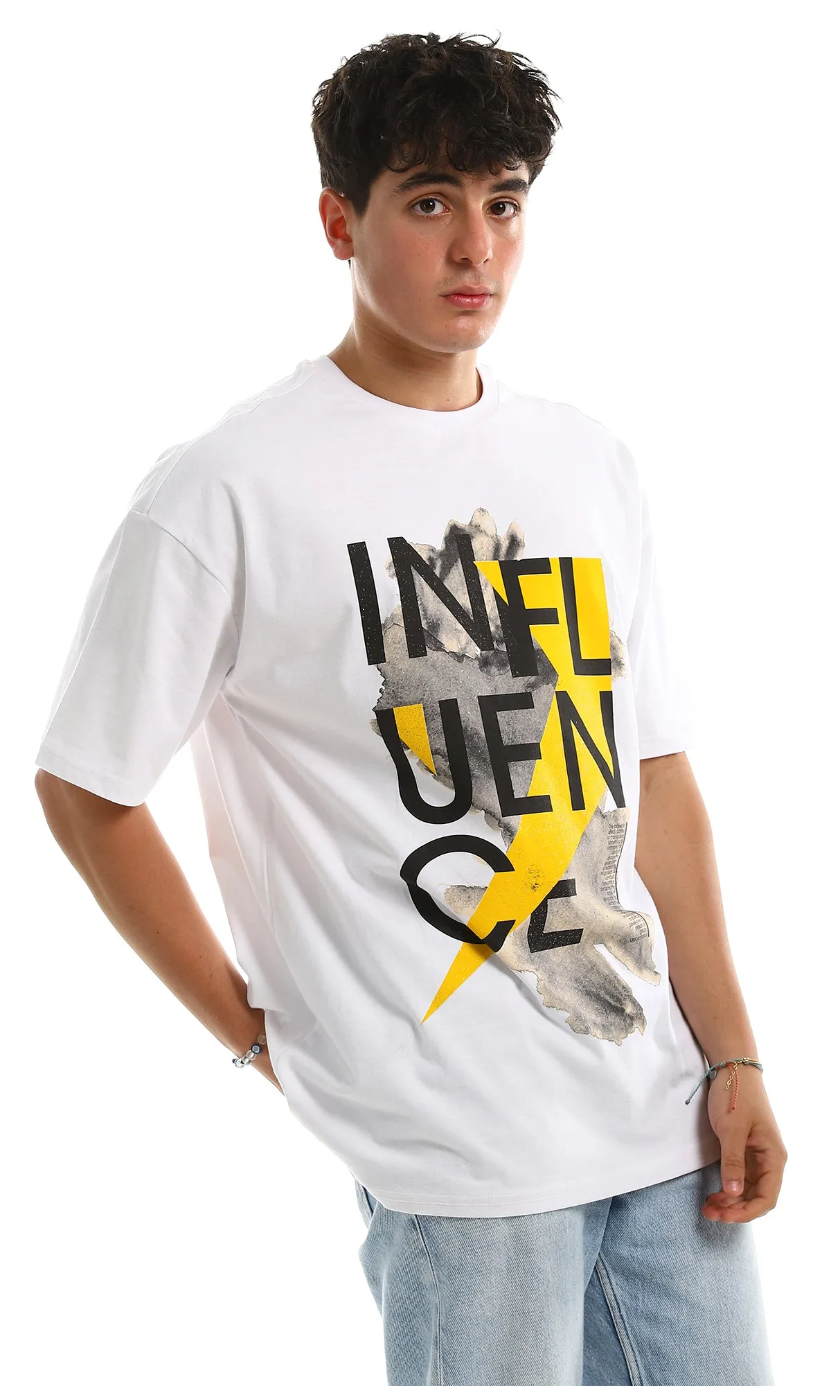 97381 Relaxed Fit Printed "Influence" Cotton White Tee