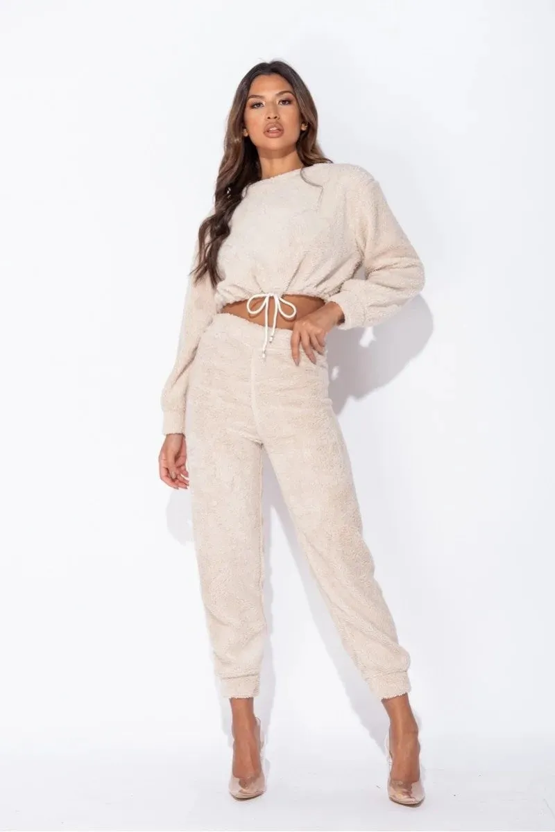 BEIGE TEDDY BORG CROPPED TOP & JOGGER LOUNGE SET