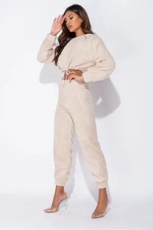 BEIGE TEDDY BORG CROPPED TOP & JOGGER LOUNGE SET