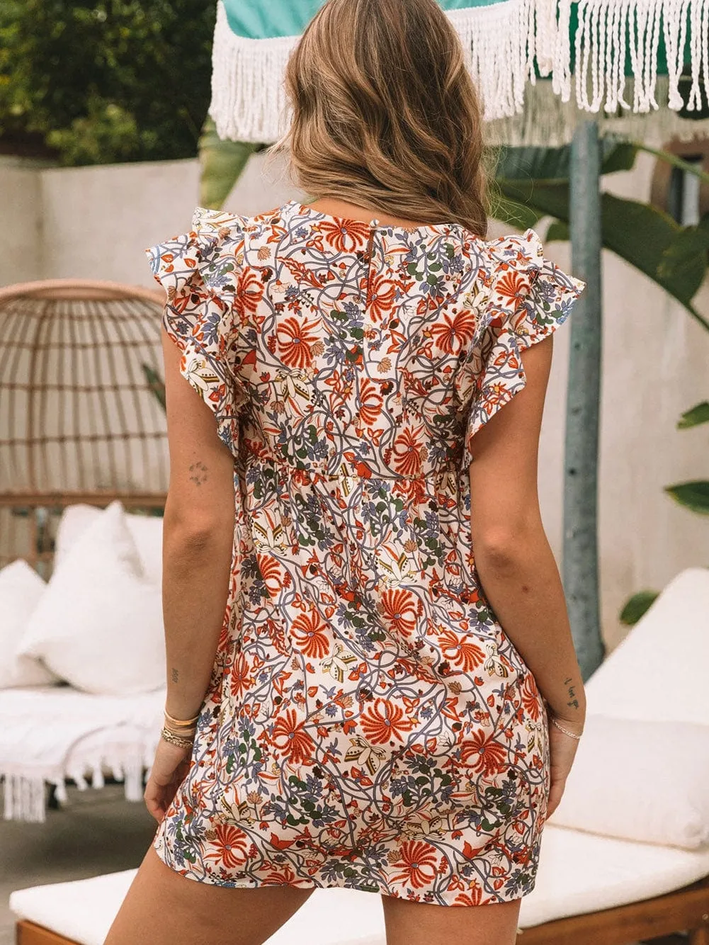 Bohemian Floral Ruffle Sleeve Mini Dress