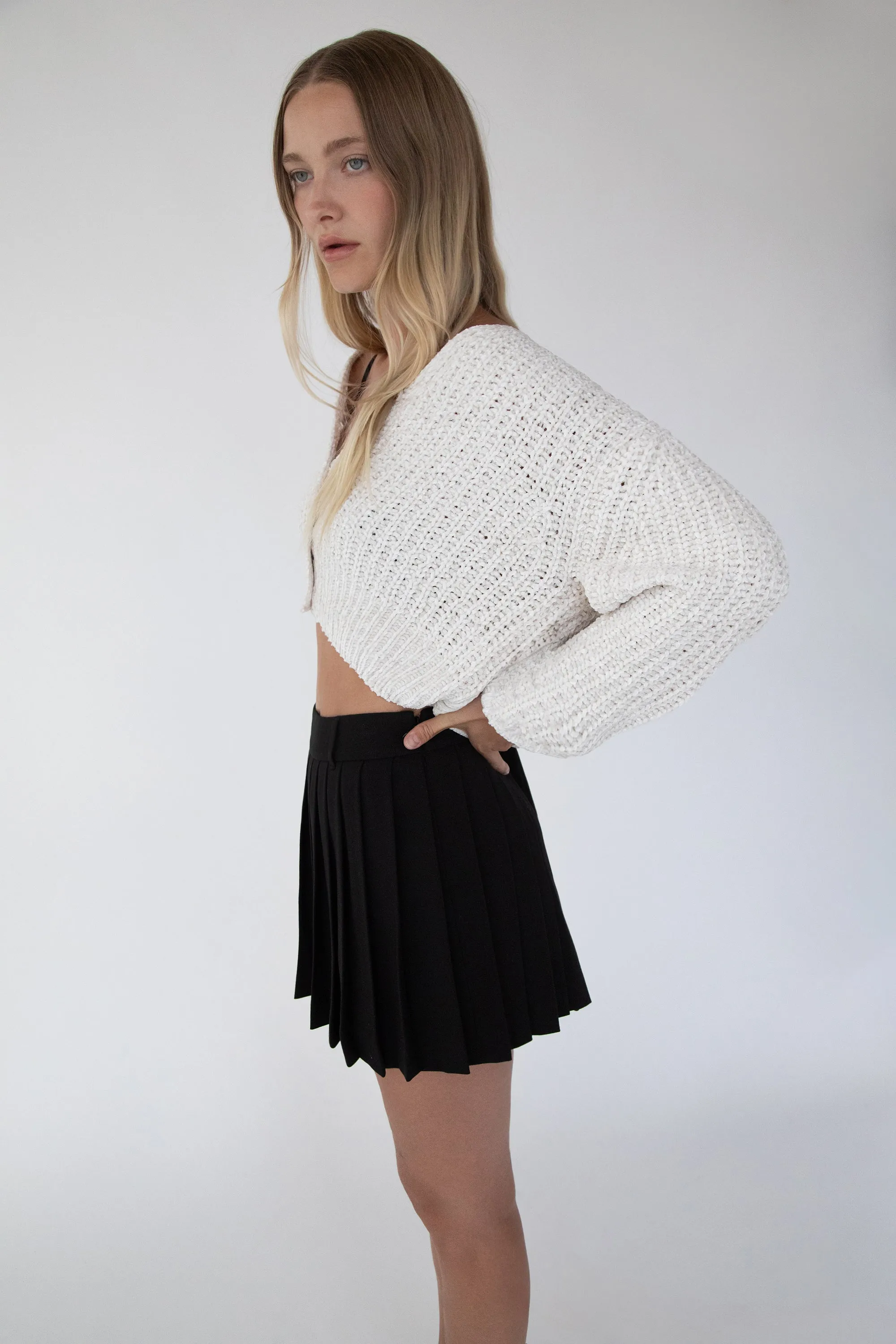 CROPPED CHENILLE KNIT CARDIGAN