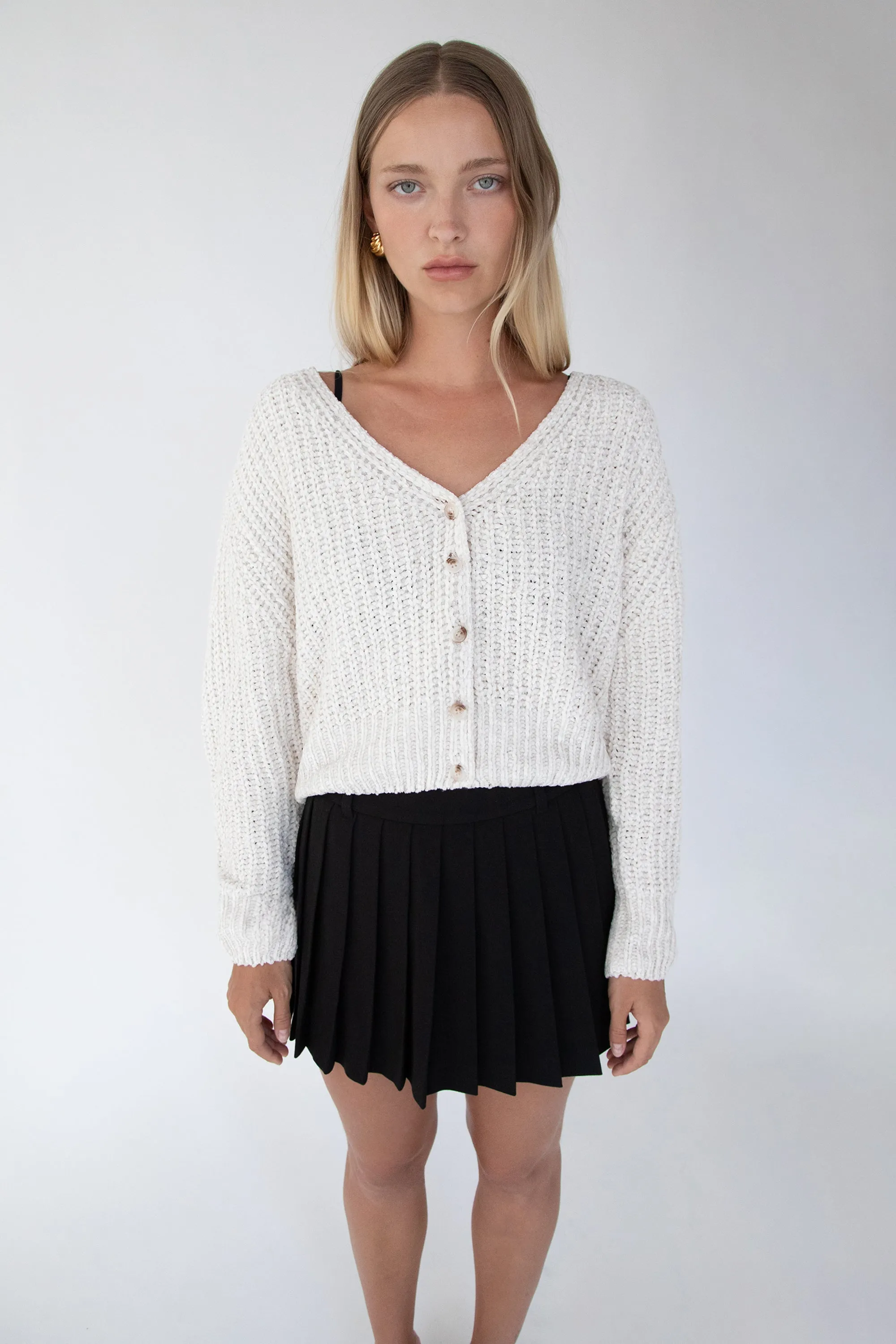 CROPPED CHENILLE KNIT CARDIGAN