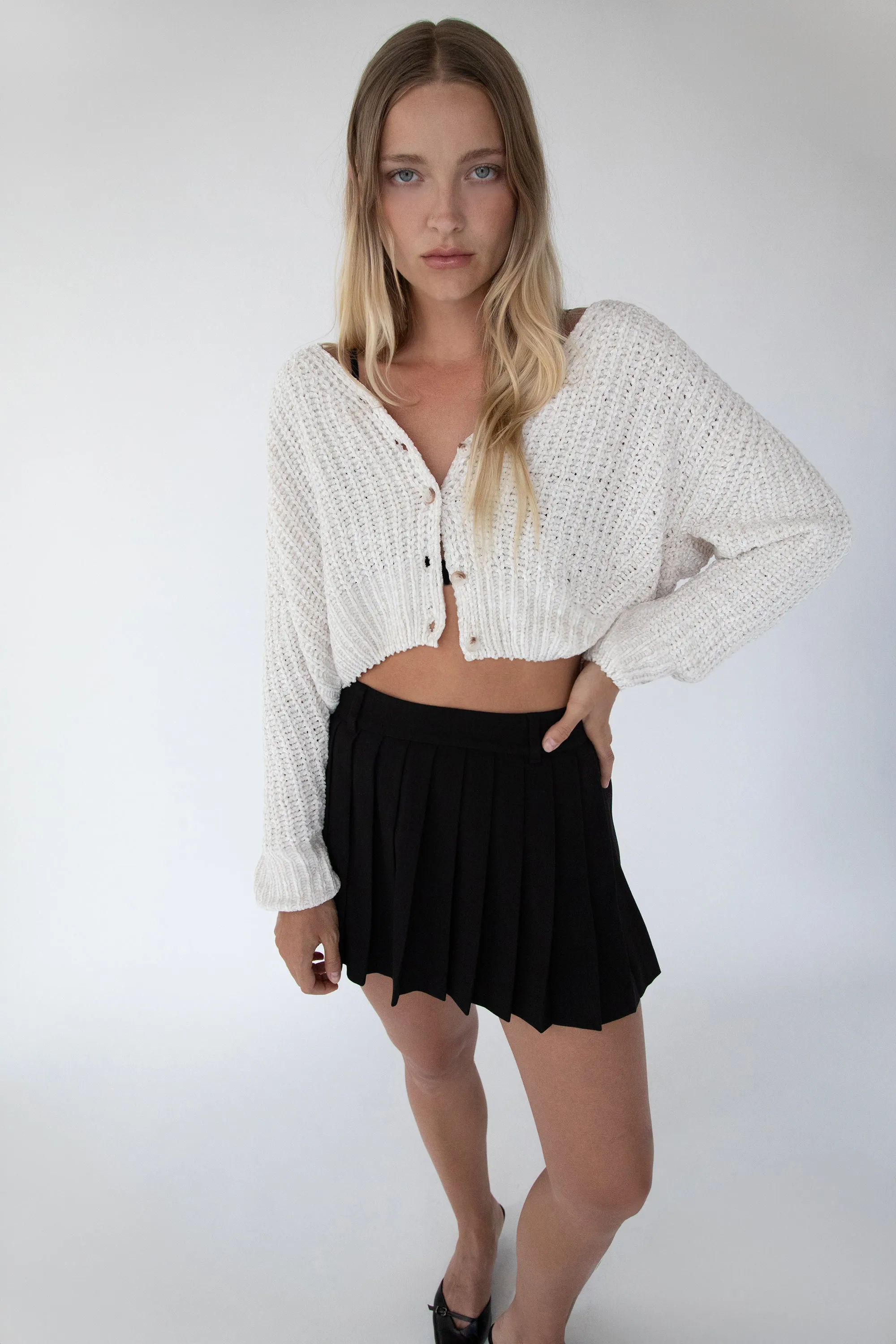 CROPPED CHENILLE KNIT CARDIGAN