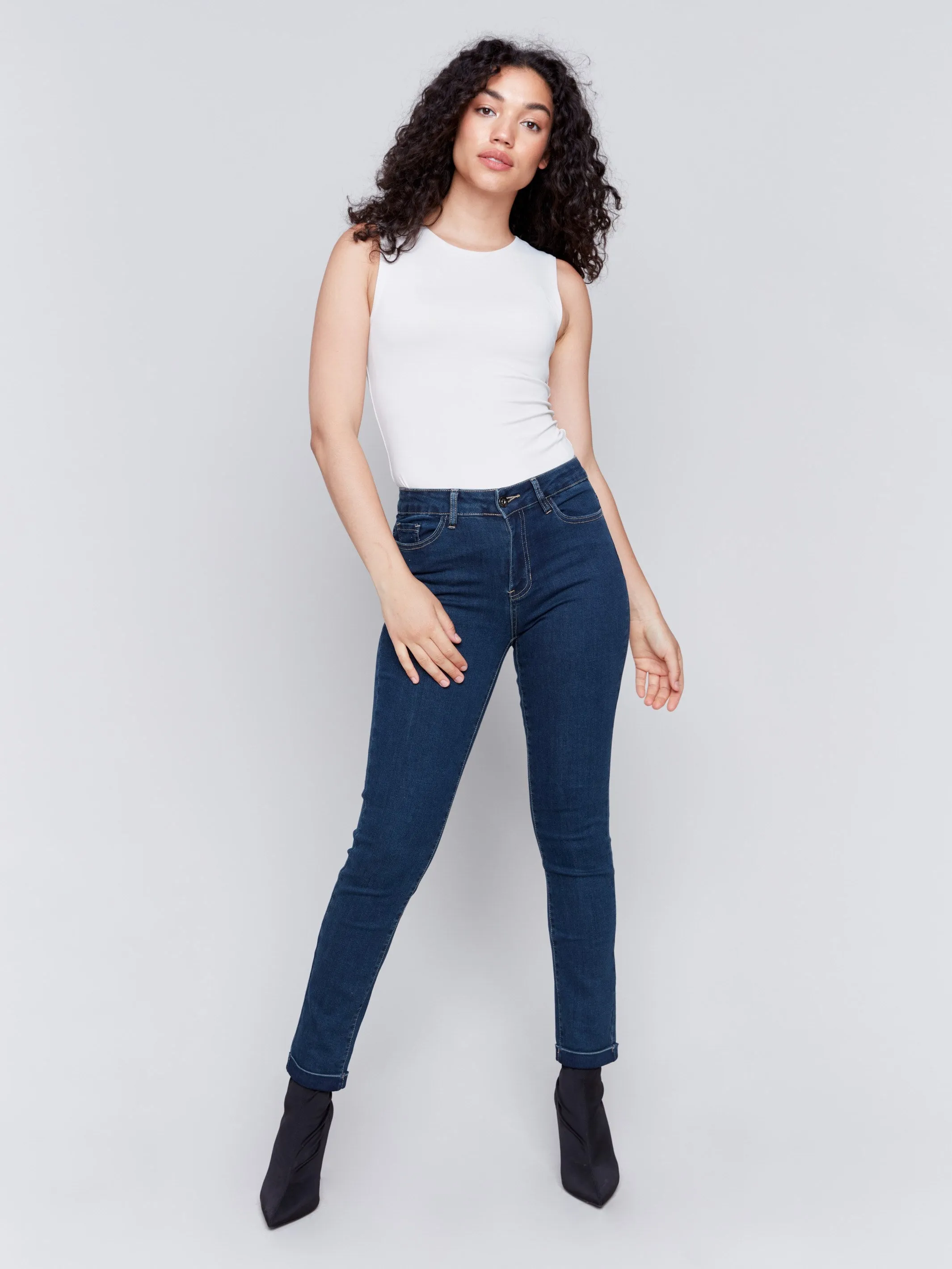 Cuffed Hem Jeans - Dark Blue - Darkblue