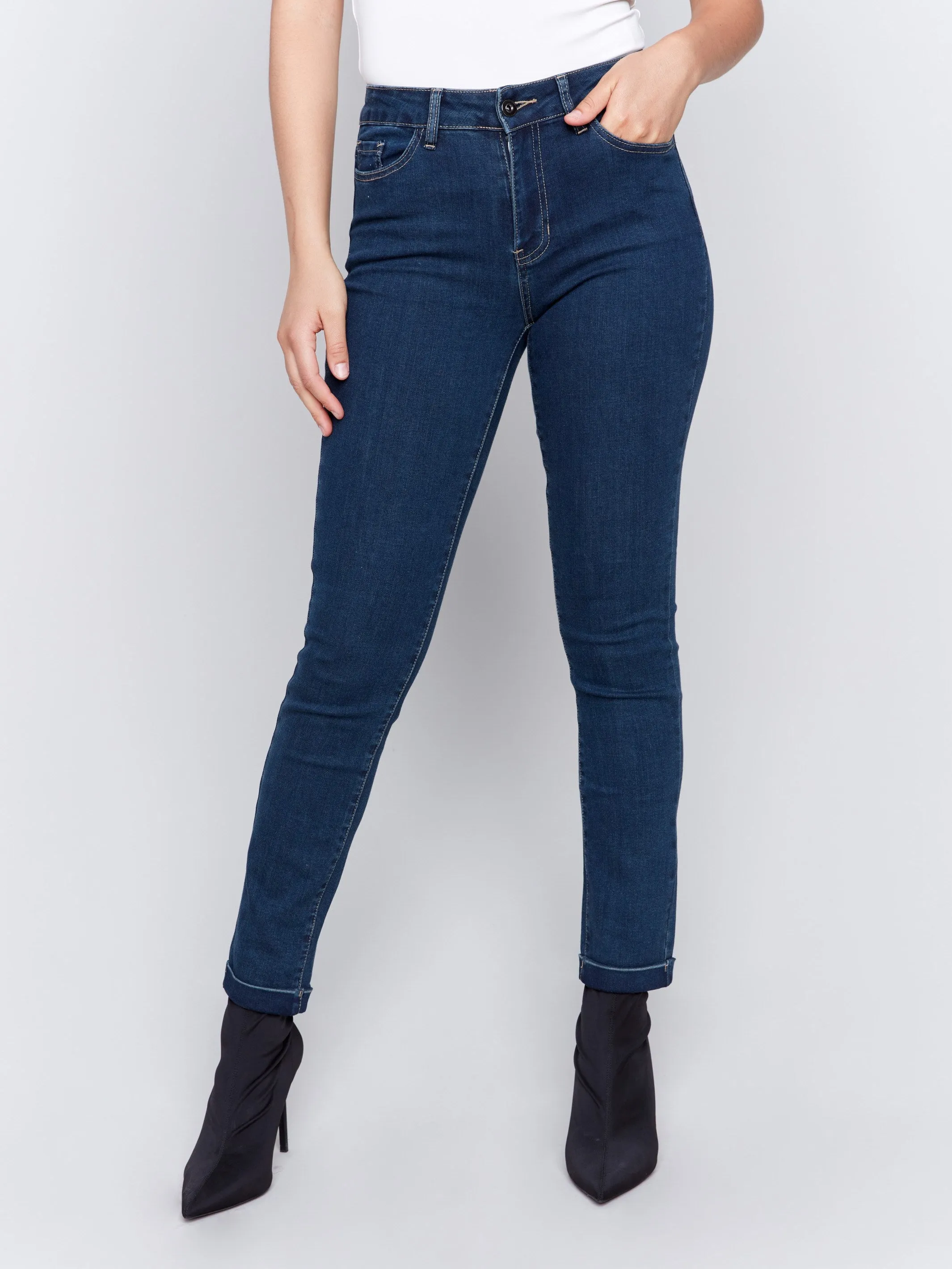 Cuffed Hem Jeans - Dark Blue - Darkblue