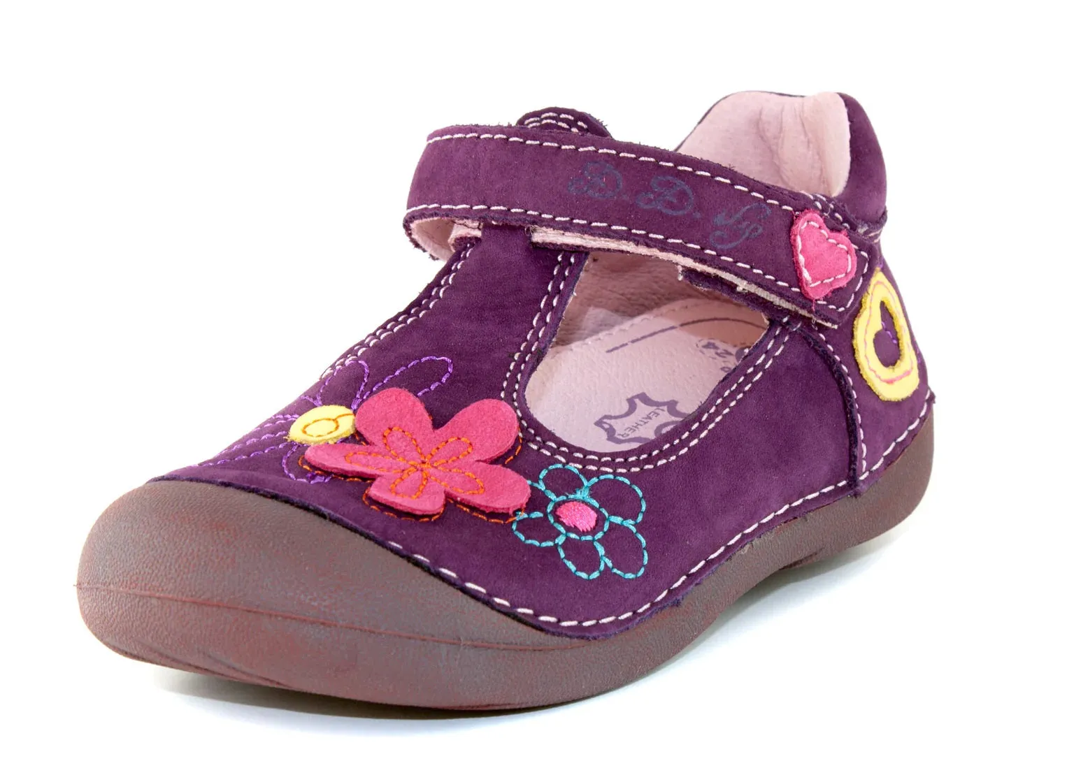 D.D. Step Toddler Single Strap Girl Sandals/Dress Shoes Dark Purple With Flowers - Supportive Leather From Europe Kids Orthopedic