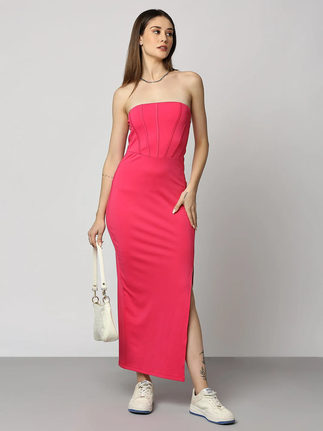 Disrupt Women Strapless Pink Slim Fit Stunning Tube Dress