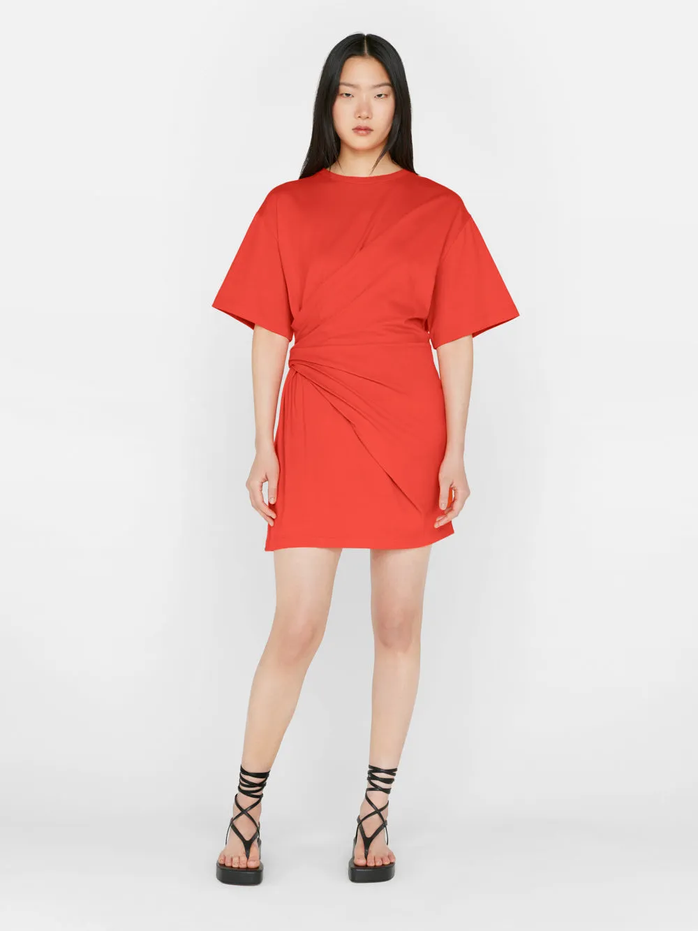 Draped Knit Mini Dress -- Red Orange