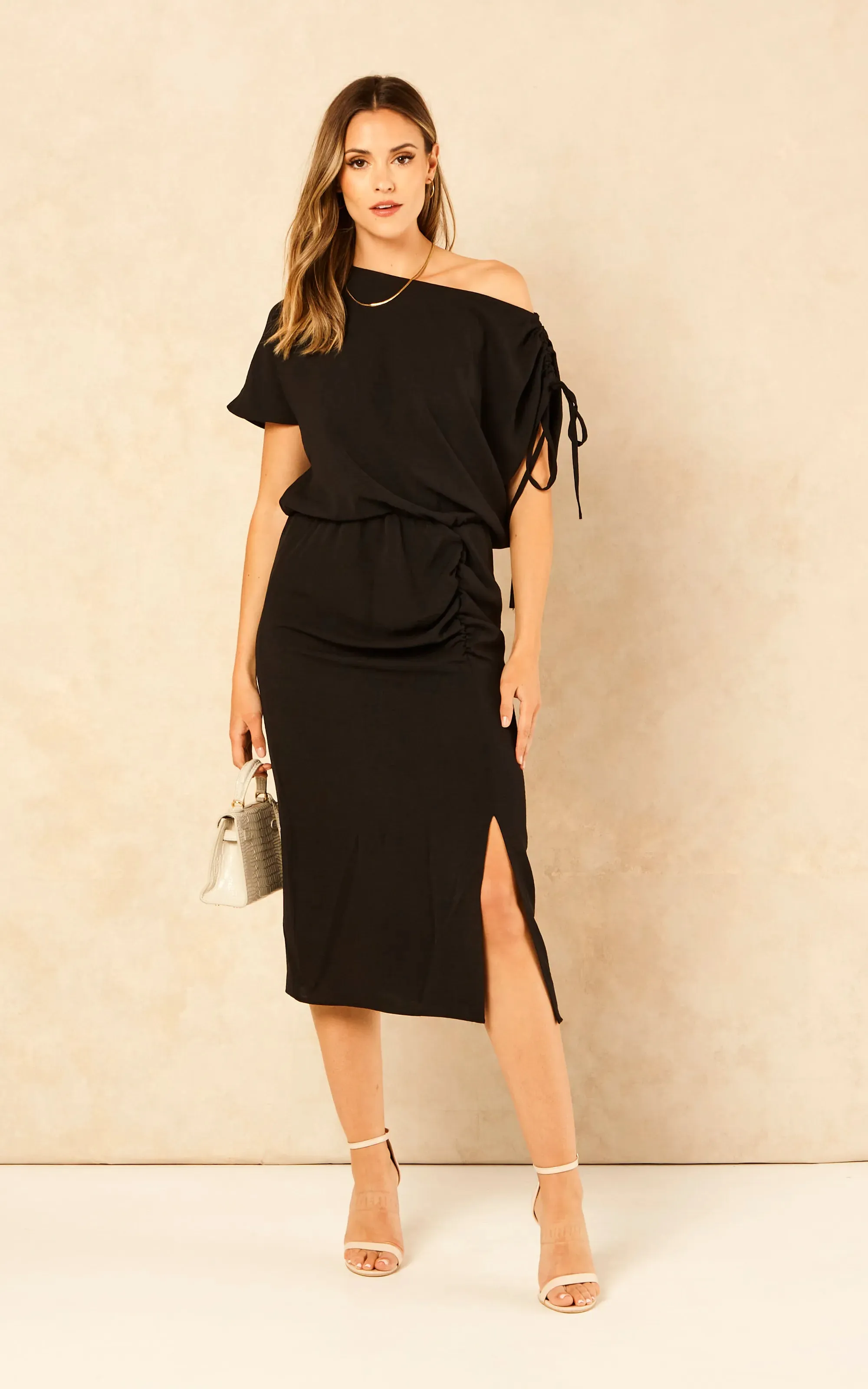 Draped Off-Shoulder Midi Dress in Elegant Black