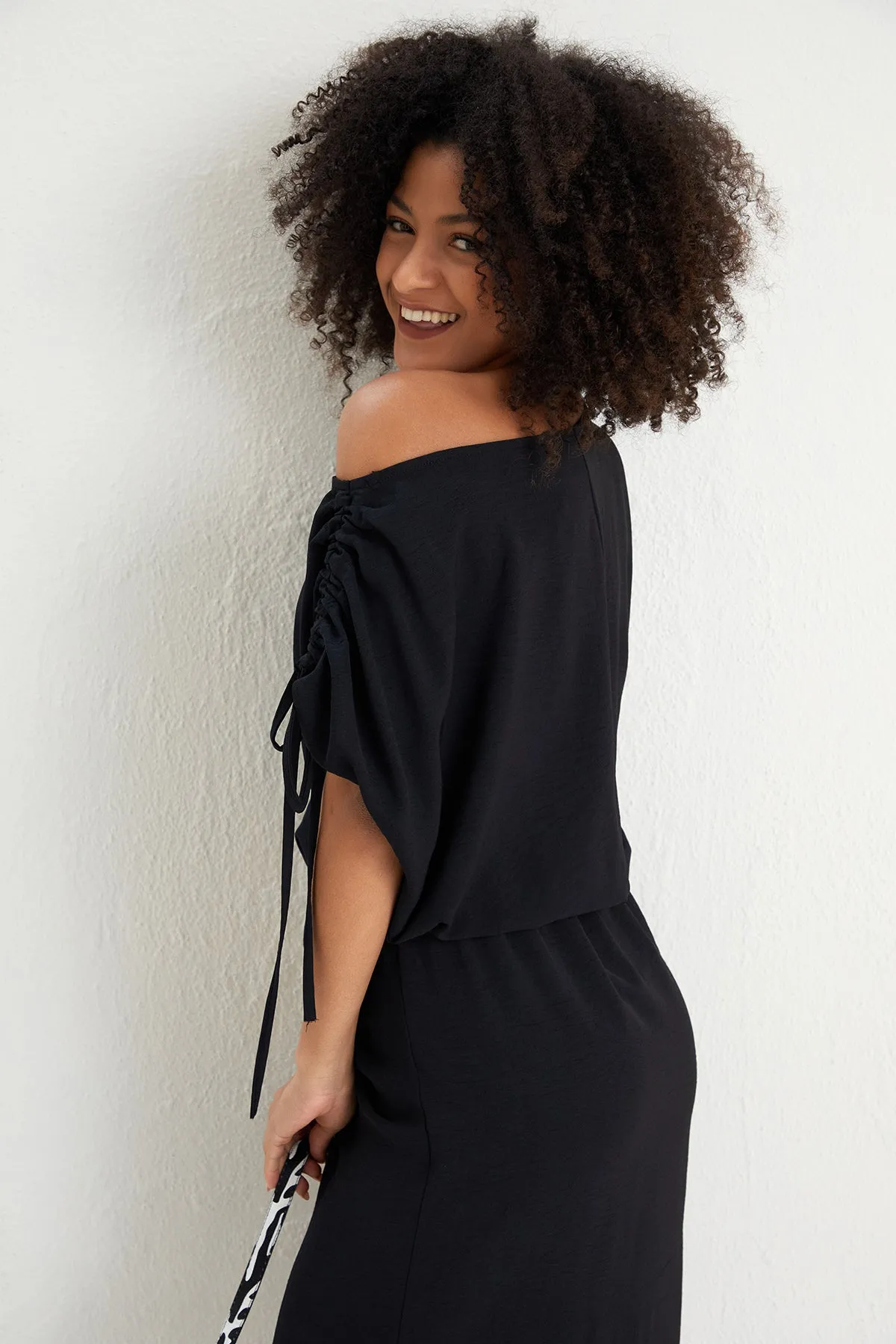 Draped Off-Shoulder Midi Dress in Elegant Black