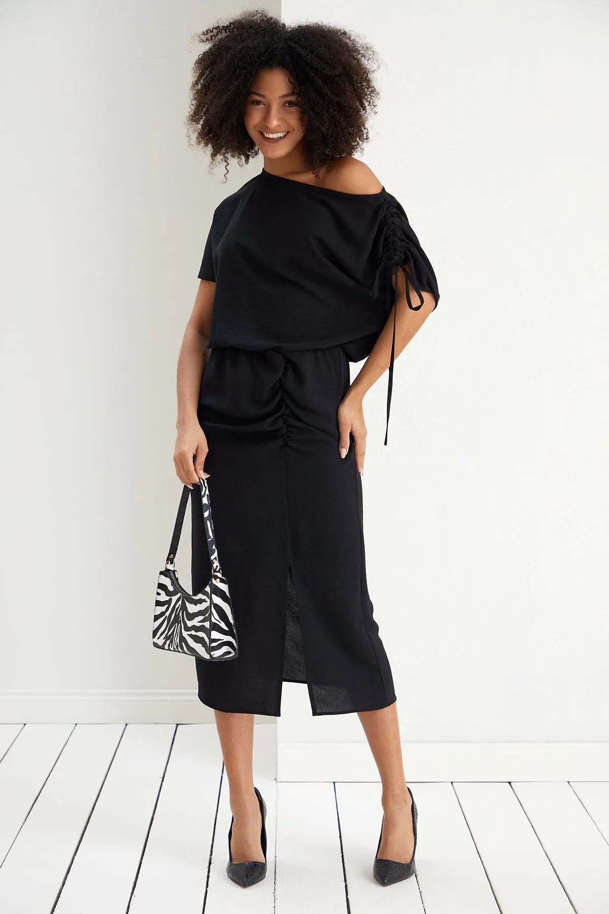 Draped Off-Shoulder Midi Dress in Elegant Black