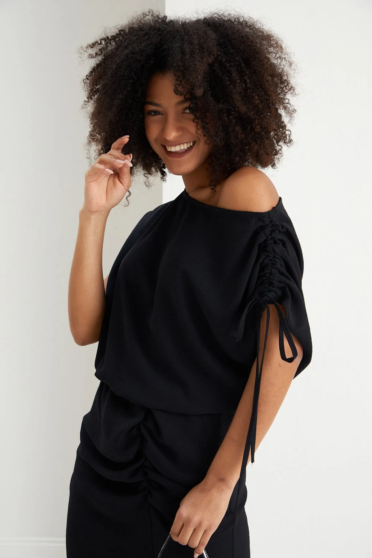 Draped Off-Shoulder Midi Dress in Elegant Black