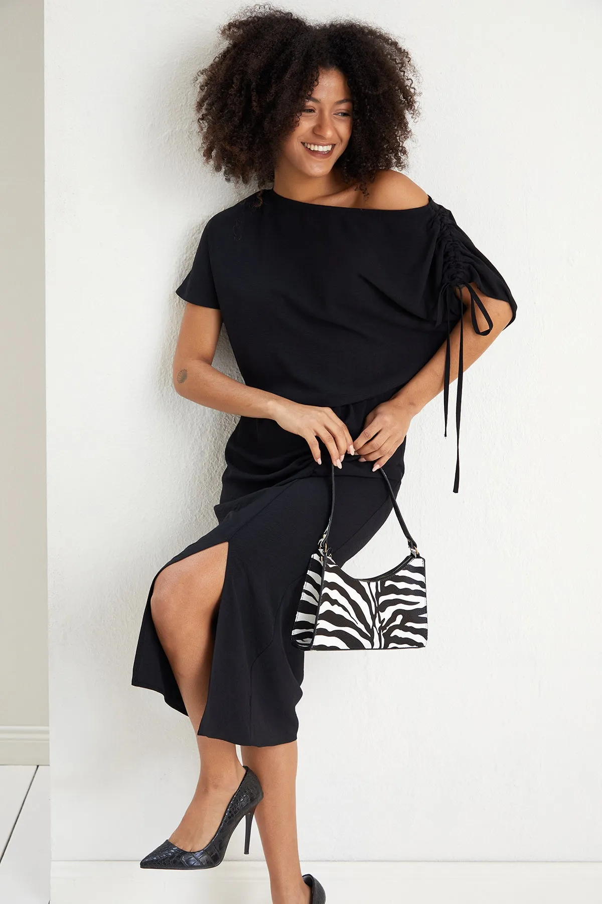 Draped Off-Shoulder Midi Dress in Elegant Black