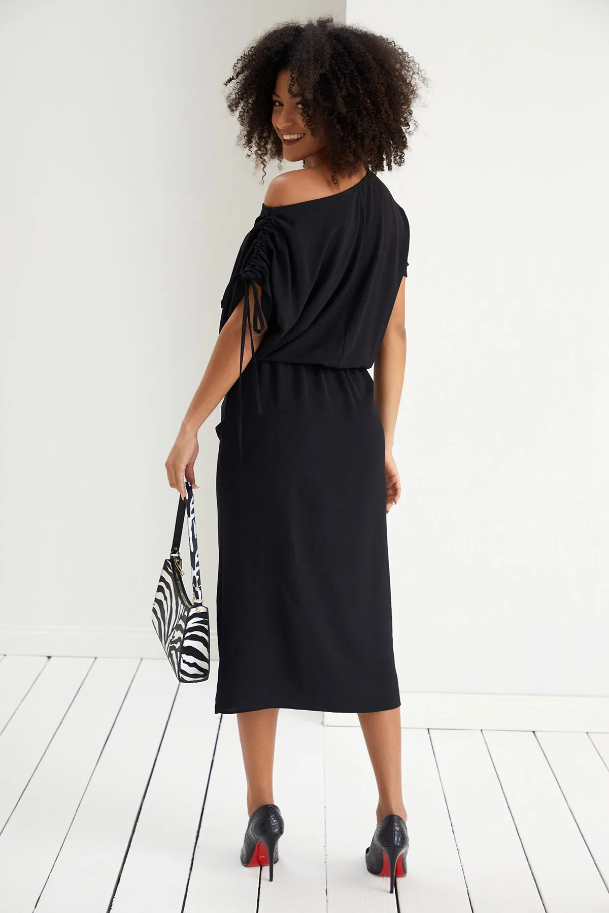 Draped Off-Shoulder Midi Dress in Elegant Black