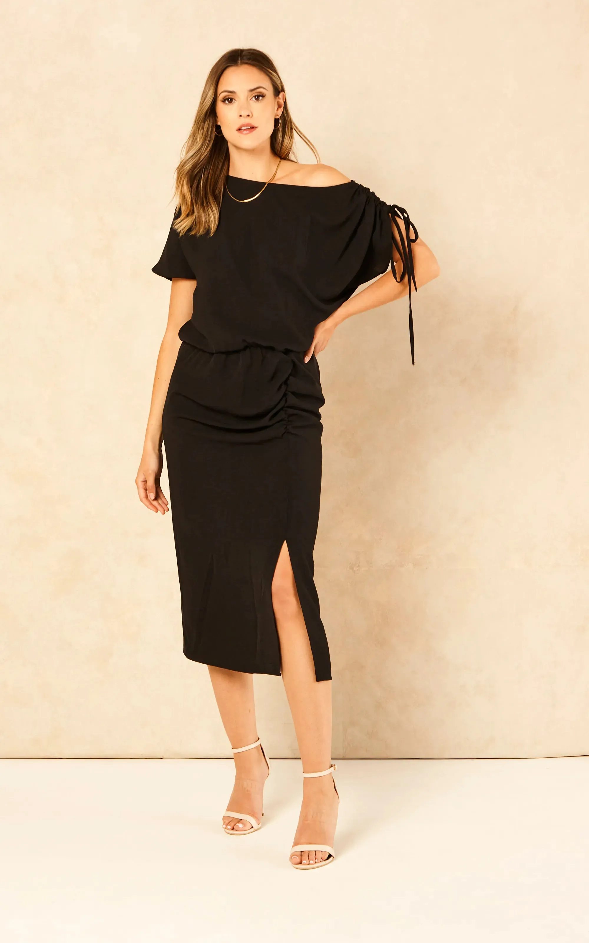 Draped Off-Shoulder Midi Dress in Elegant Black