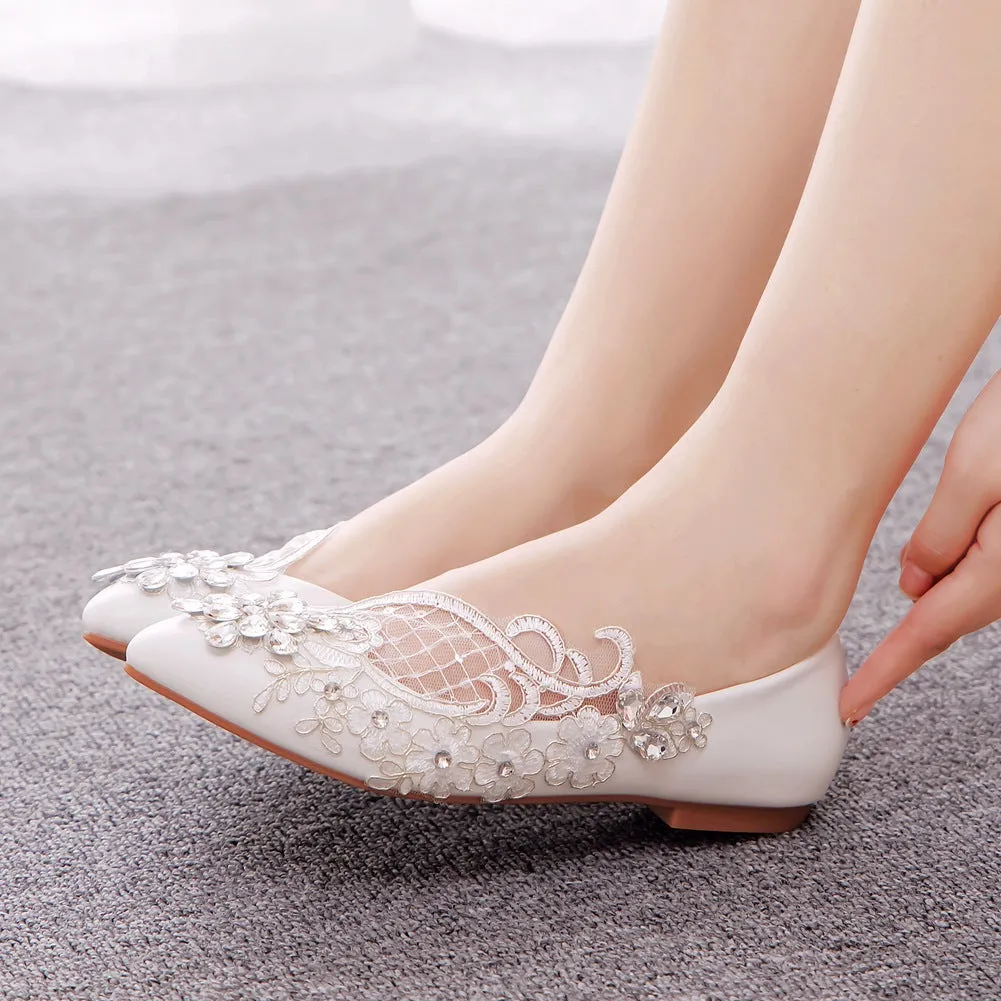 Flat-bottomed Pointed Lace Rhinestone Wedding Shoes