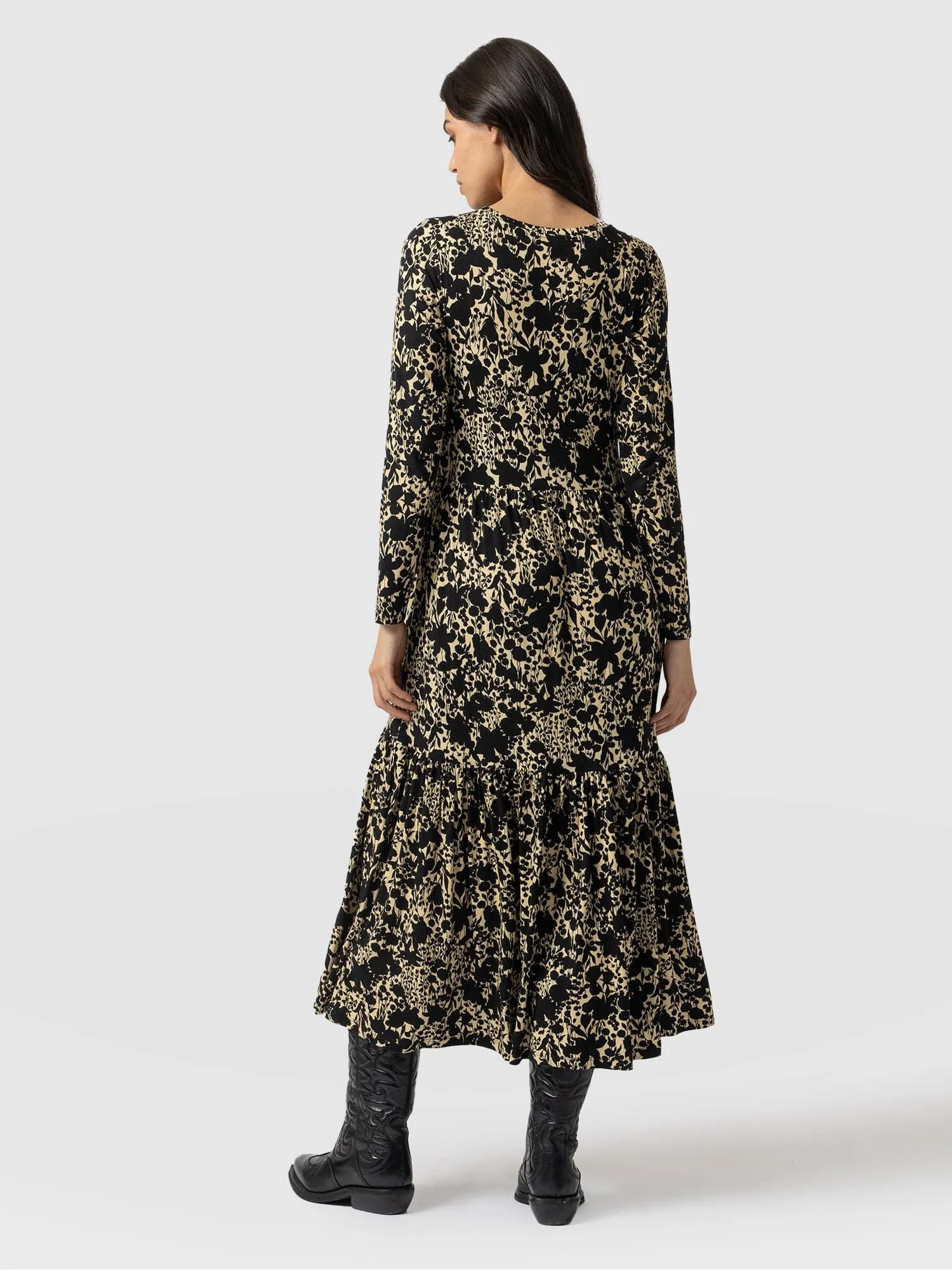 Greenwich Dress Long Sleeve - Yellow Black Floral