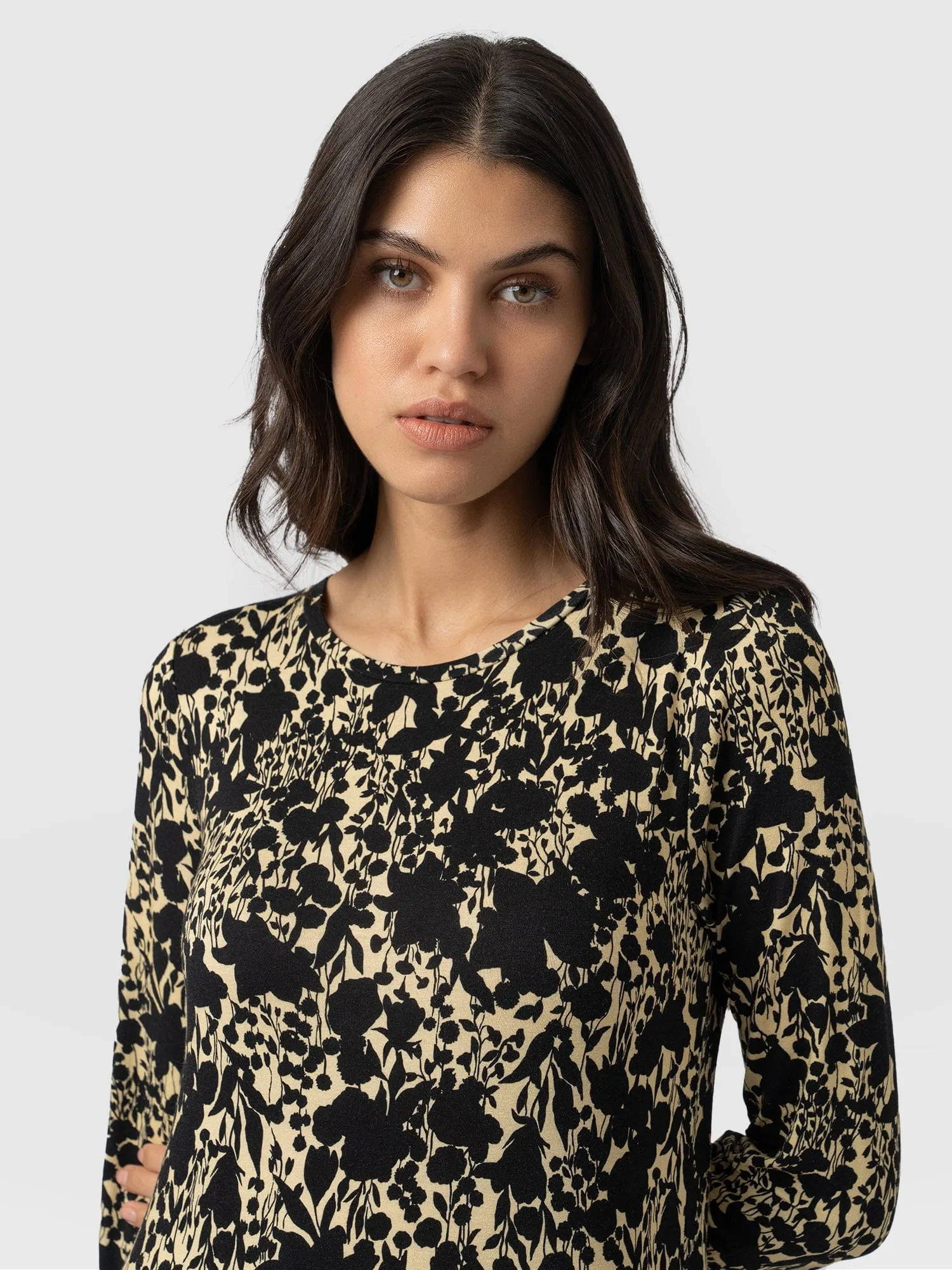 Greenwich Dress Long Sleeve - Yellow Black Floral