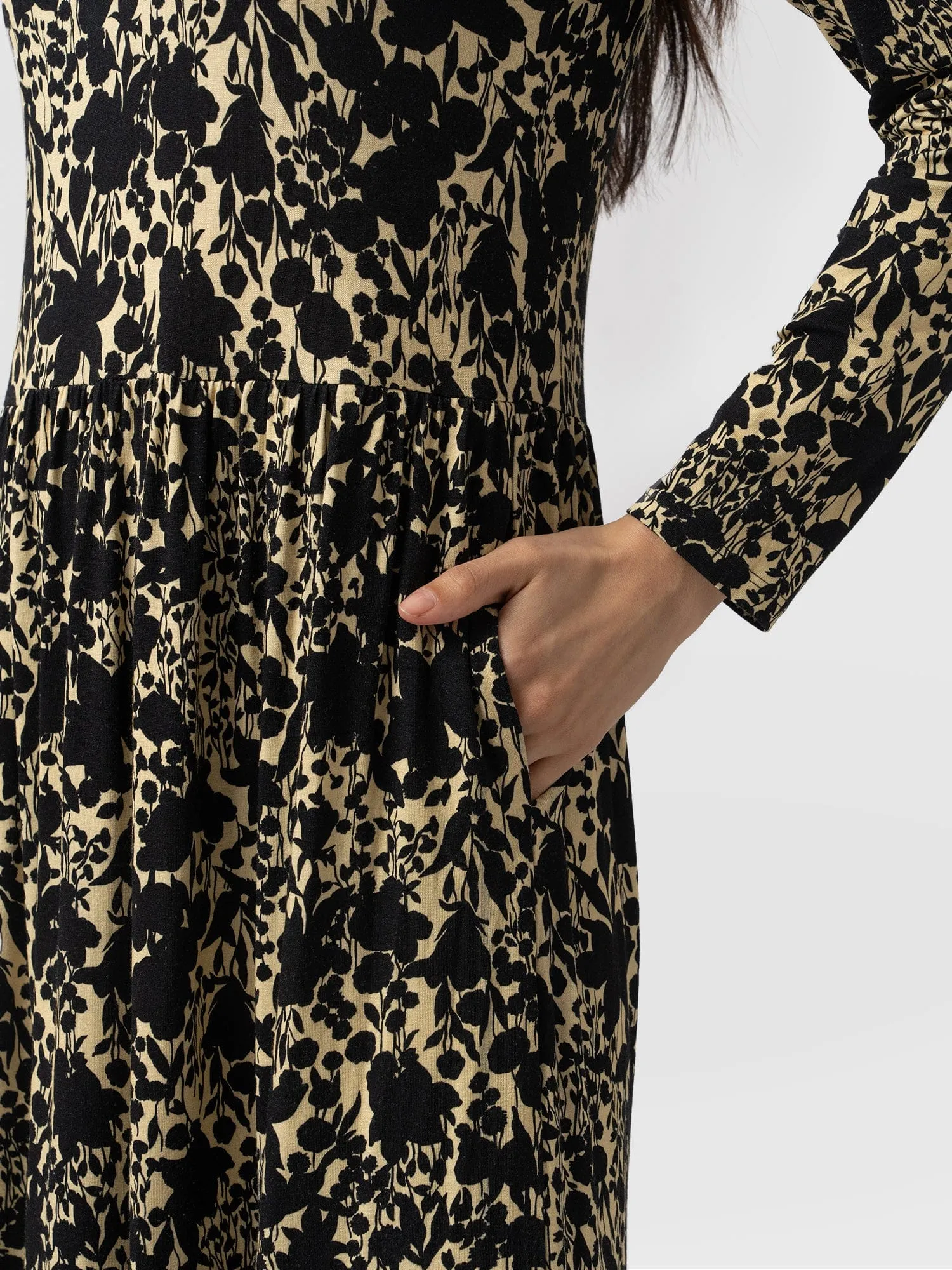 Greenwich Dress Long Sleeve - Yellow Black Floral