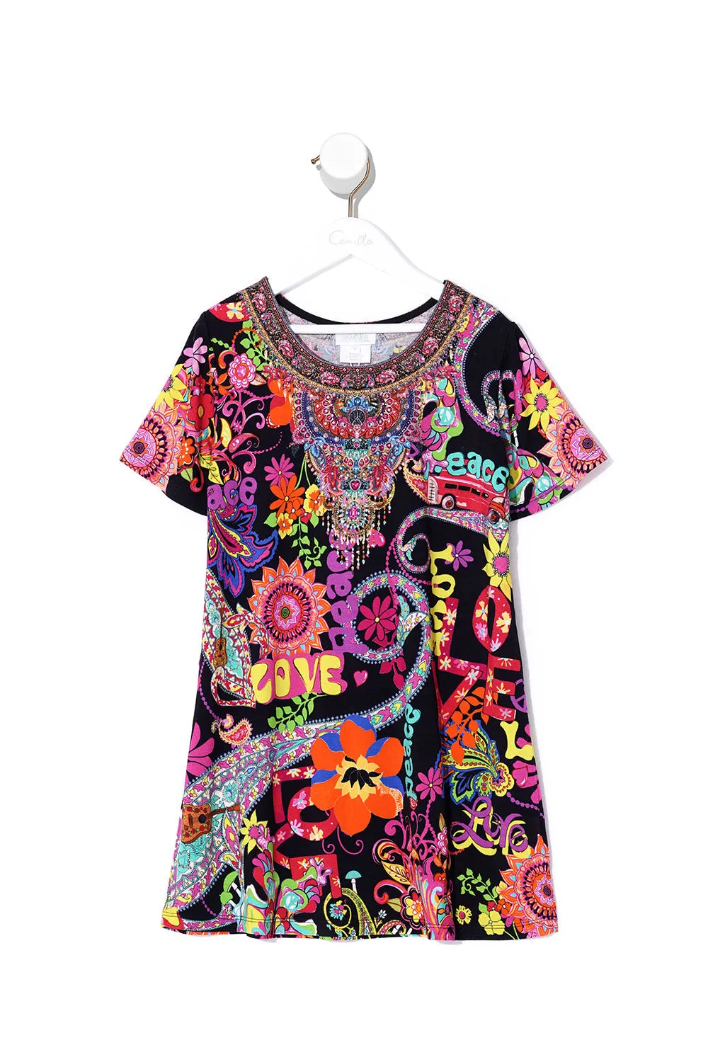 INFANTS TSHIRT DRESS WITH FLARE HEM PEACE LOVE AND HAIR