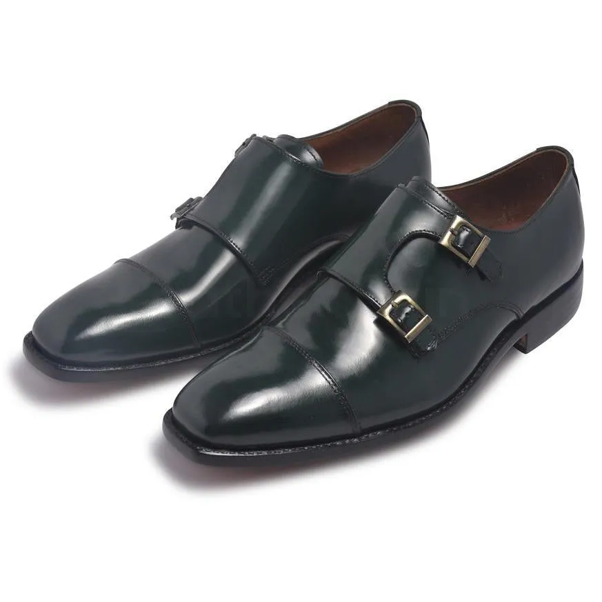 Men Dark Green Monk Strap Cap Toe Genuine Leather Shoes