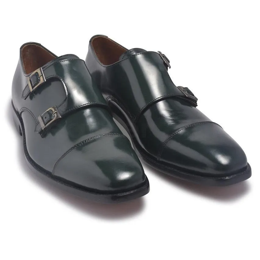 Men Dark Green Monk Strap Cap Toe Genuine Leather Shoes