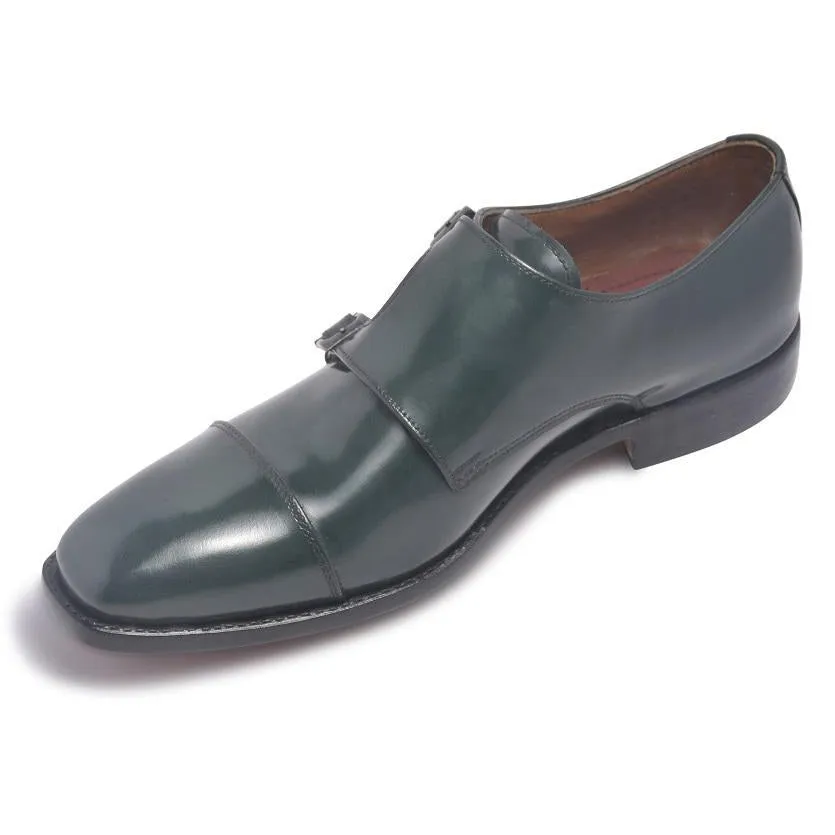 Men Dark Green Monk Strap Cap Toe Genuine Leather Shoes