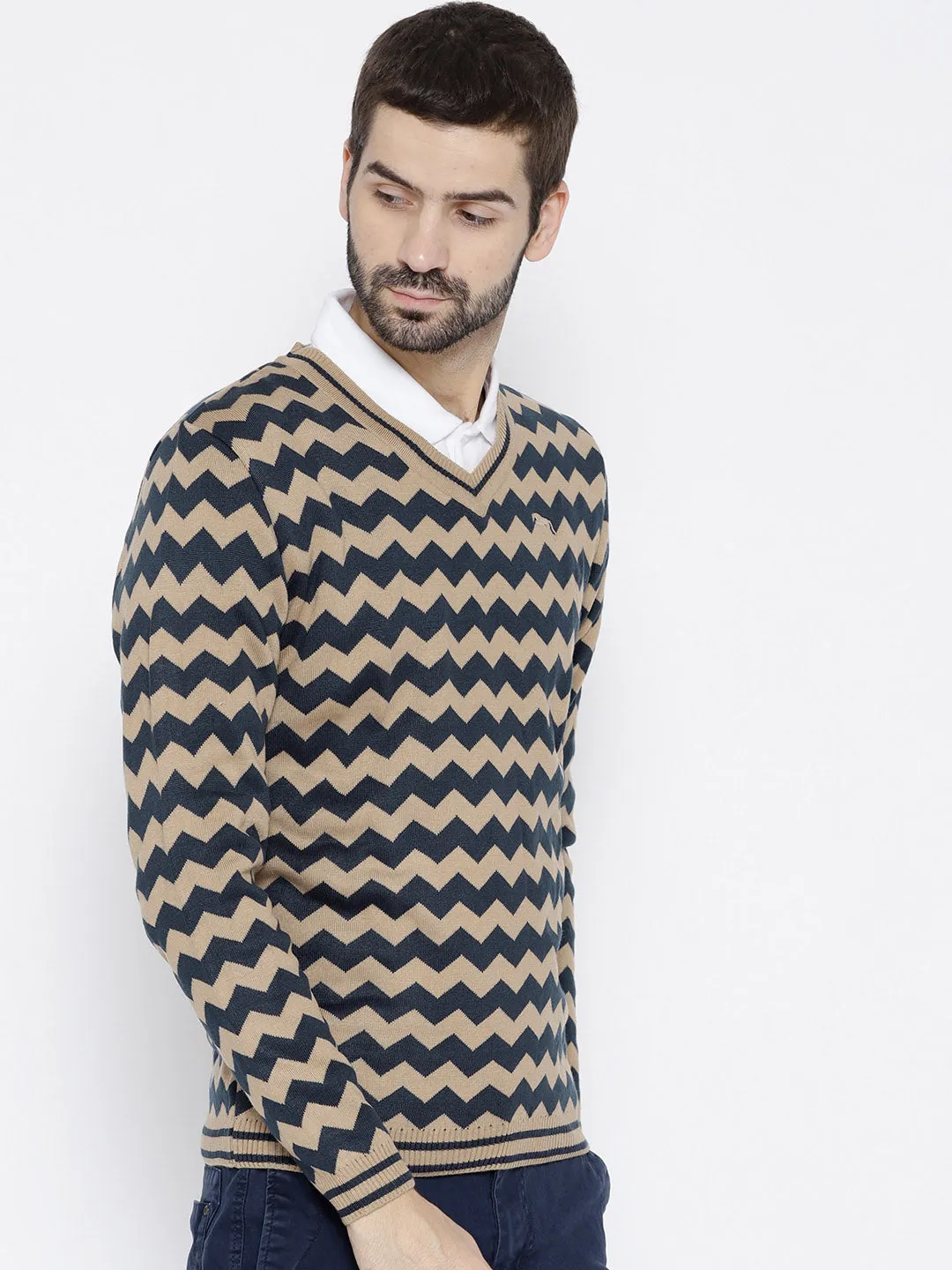 Men Navy Blue Colourblocked Pullover