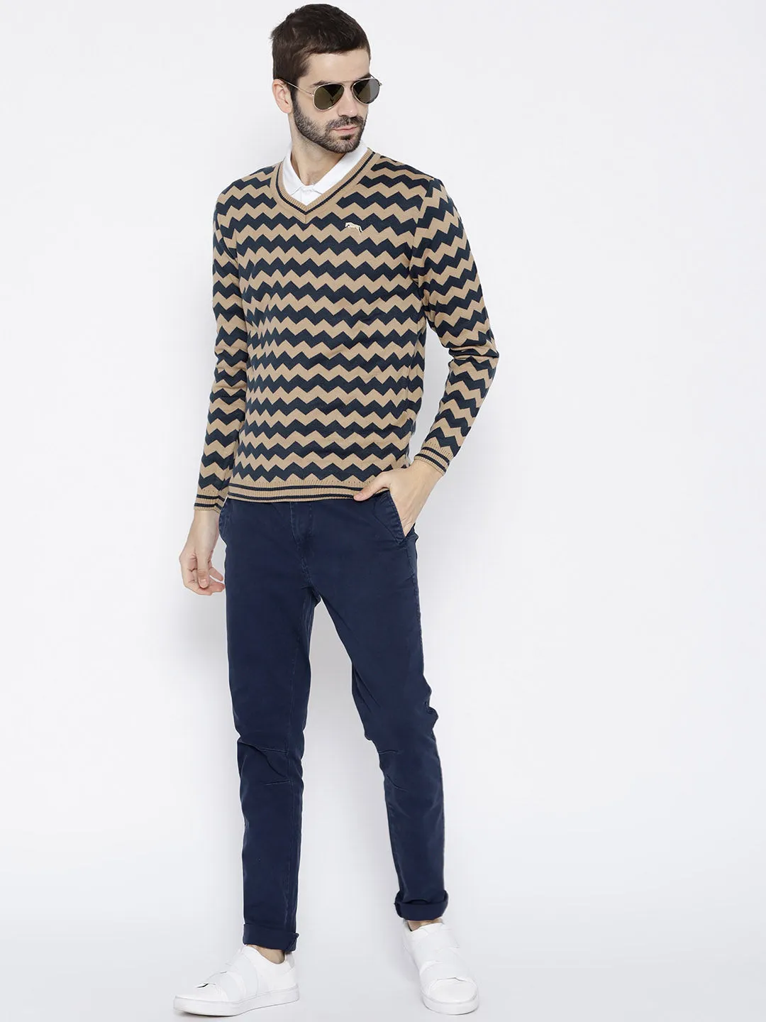 Men Navy Blue Colourblocked Pullover