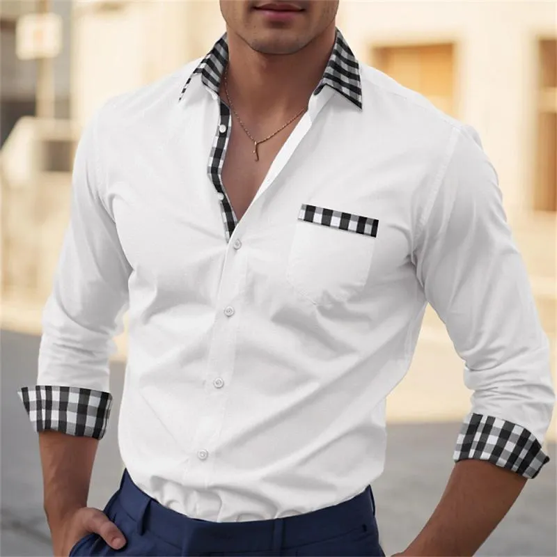 Men's Casual Check Print Lapel Stitching Long Sleeve Shirt 08823326Y