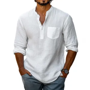 Men's Casual Cotton Linen Stand Collar Loose Long Sleeve Shirt 23953753M