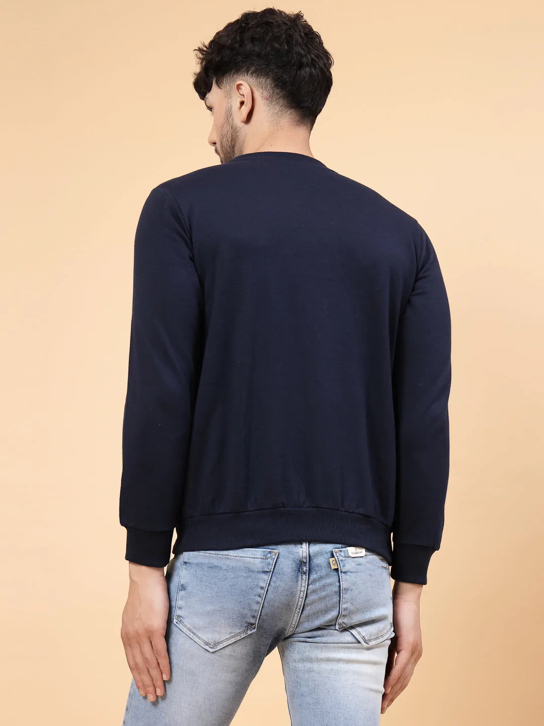 Navy Printed Round Neck Fleece Sweatshirt