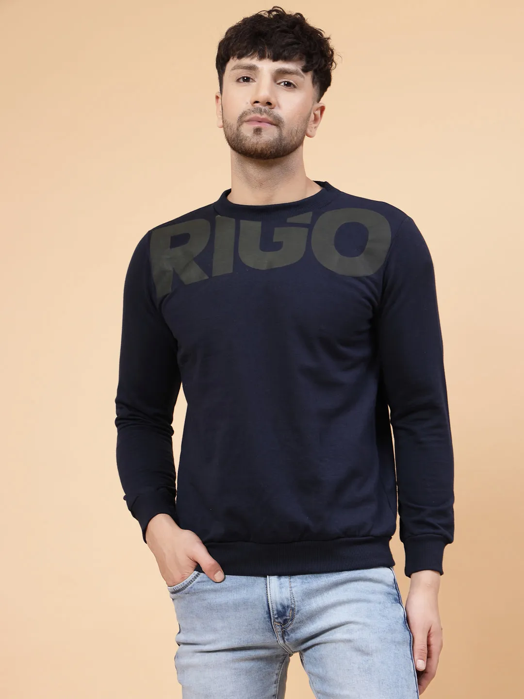 Navy Printed Round Neck Fleece Sweatshirt