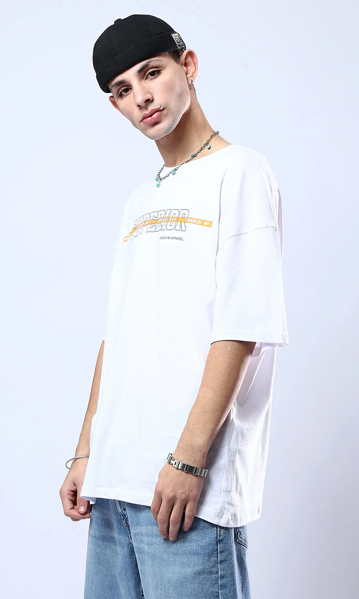 O178410 "Superior" Elbow-Sleeves Relaxed Tee - White