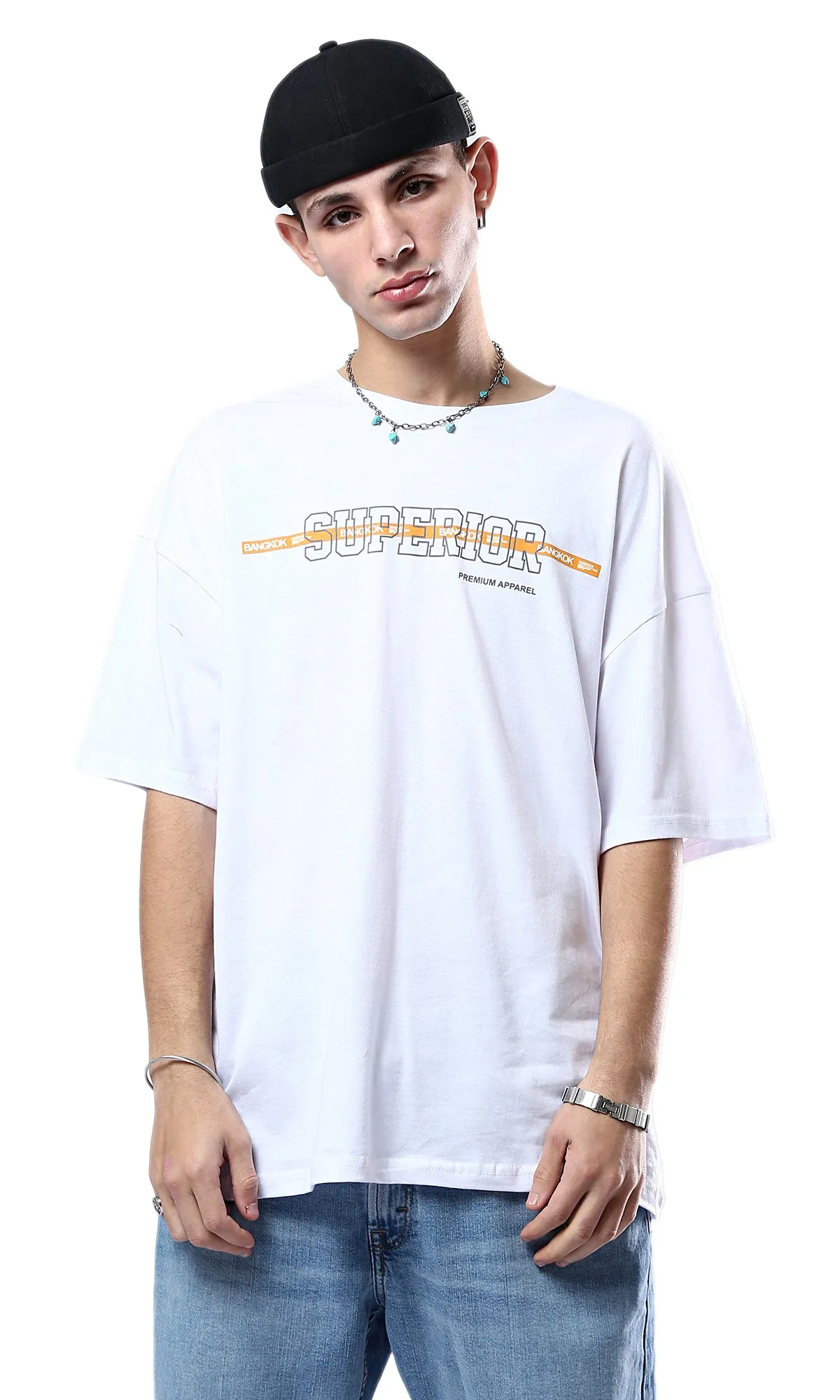 O178410 "Superior" Elbow-Sleeves Relaxed Tee - White