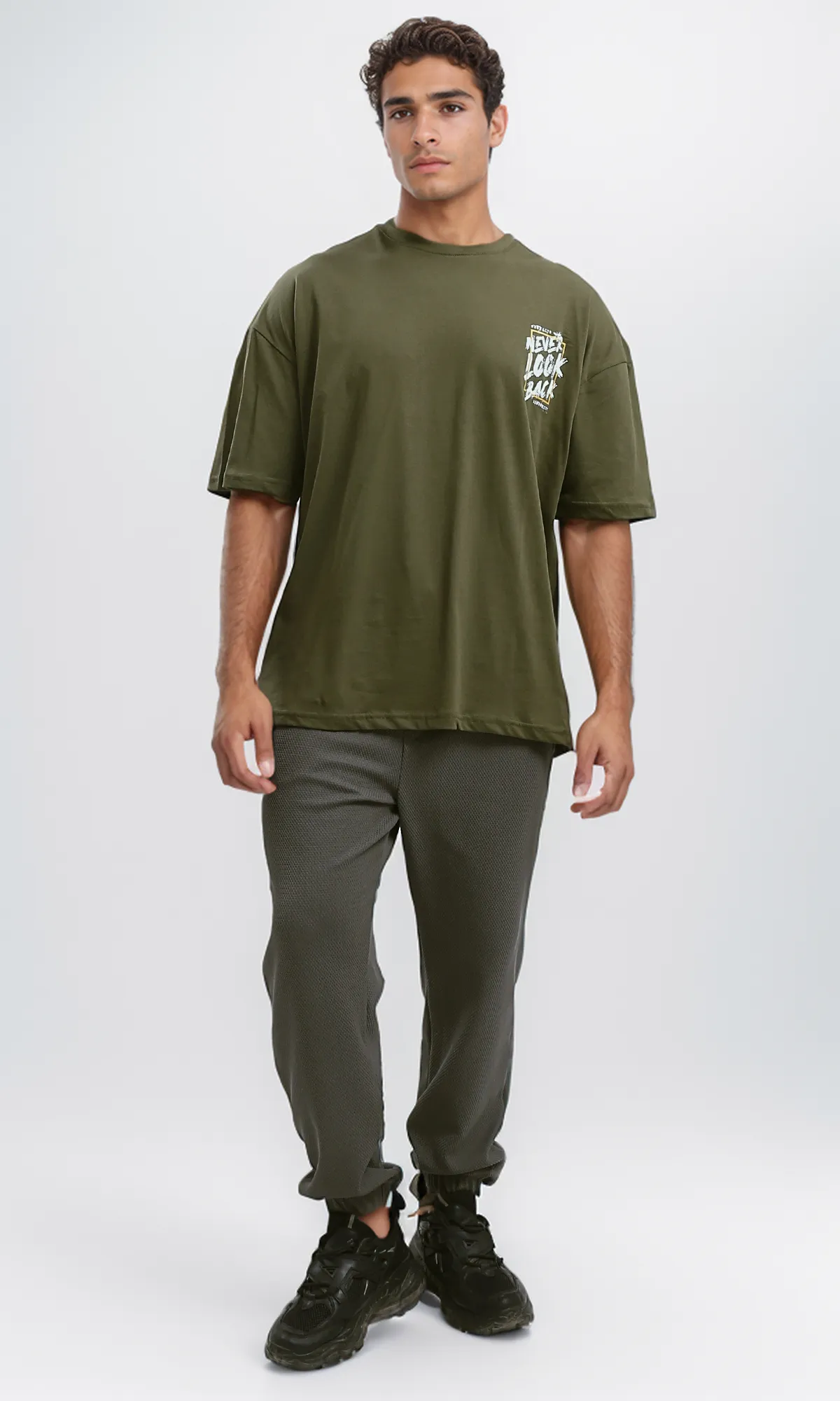 O179033 "Never Go Back" Printed Olive Cotton Tee