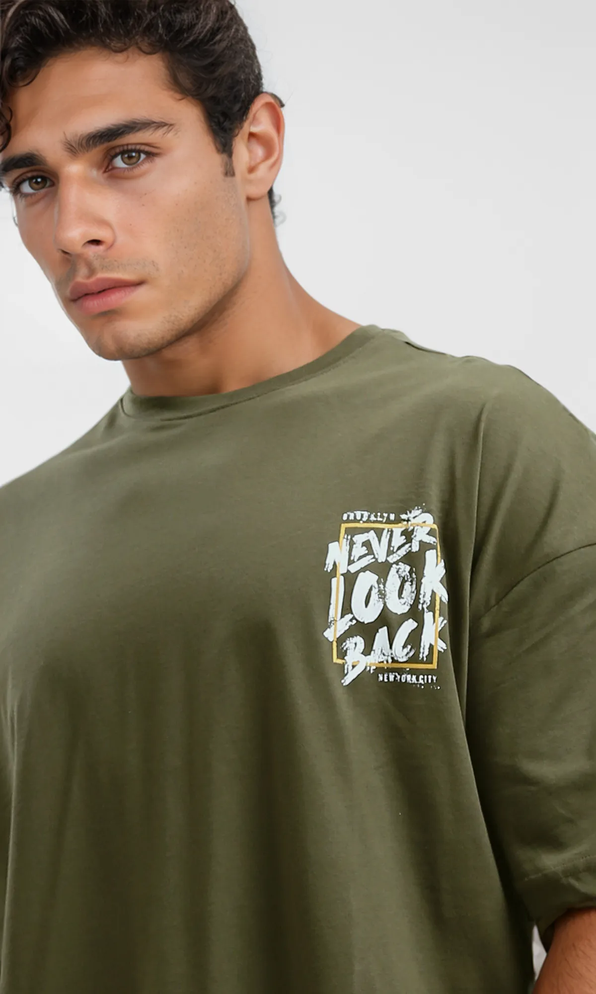 O179033 "Never Go Back" Printed Olive Cotton Tee