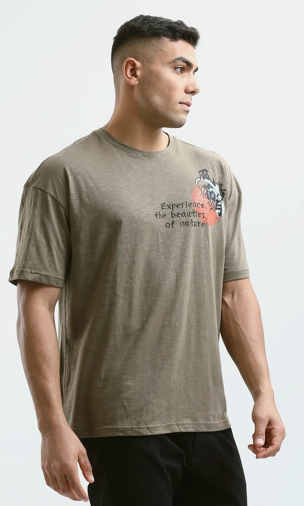 O179363 Relaxed Fit Heather Dark Khaki Tee With Elbow Sleeves