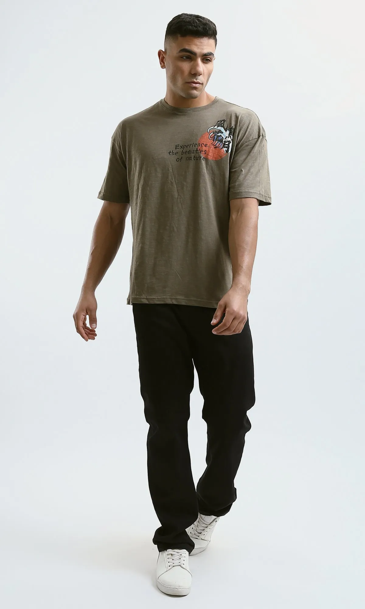 O179363 Relaxed Fit Heather Dark Khaki Tee With Elbow Sleeves