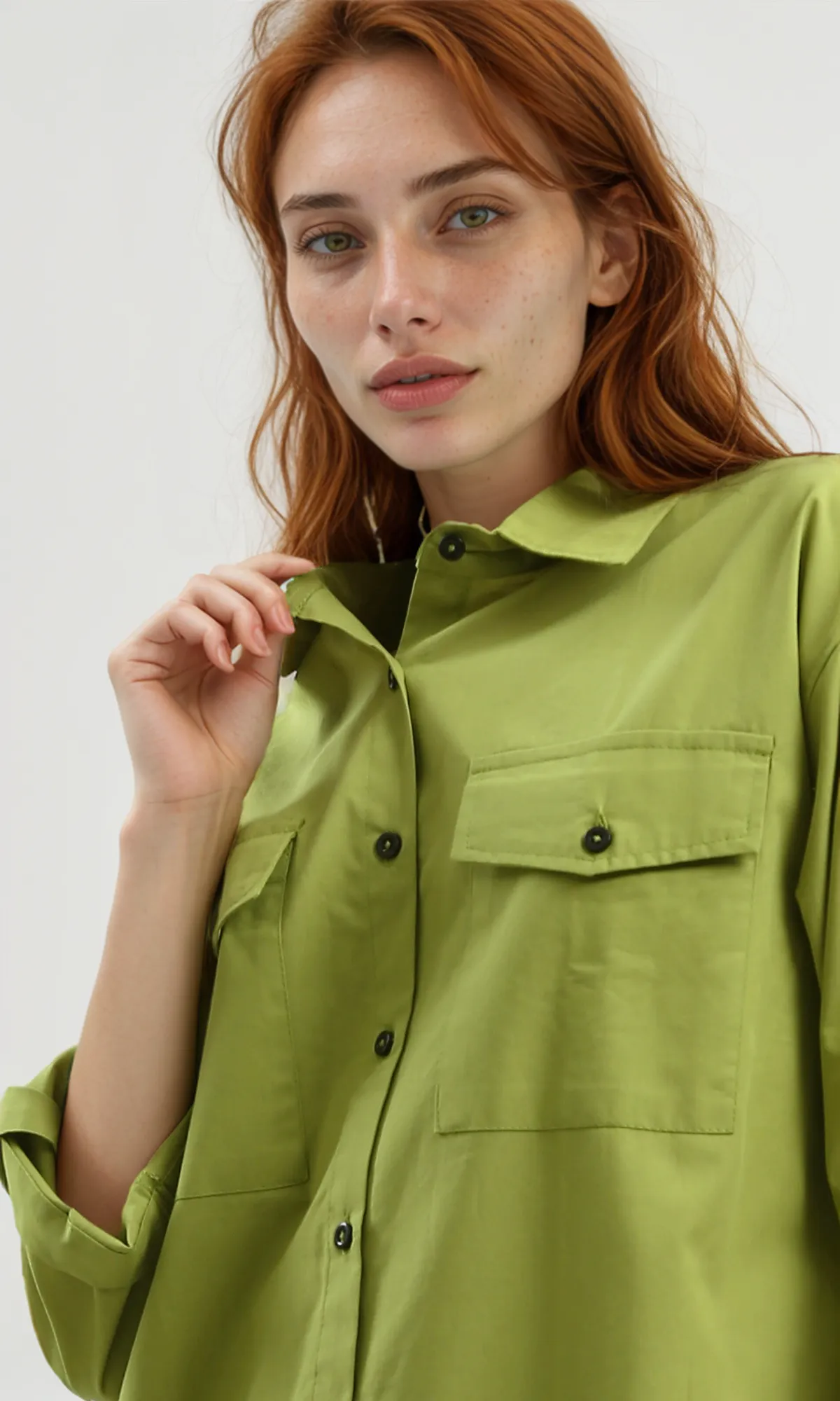 O181639 Relaxed Fit Casual Elbow Sleeves Shirt - Light Olive