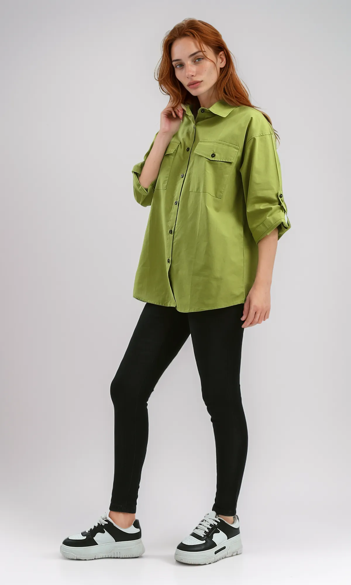 O181639 Relaxed Fit Casual Elbow Sleeves Shirt - Light Olive