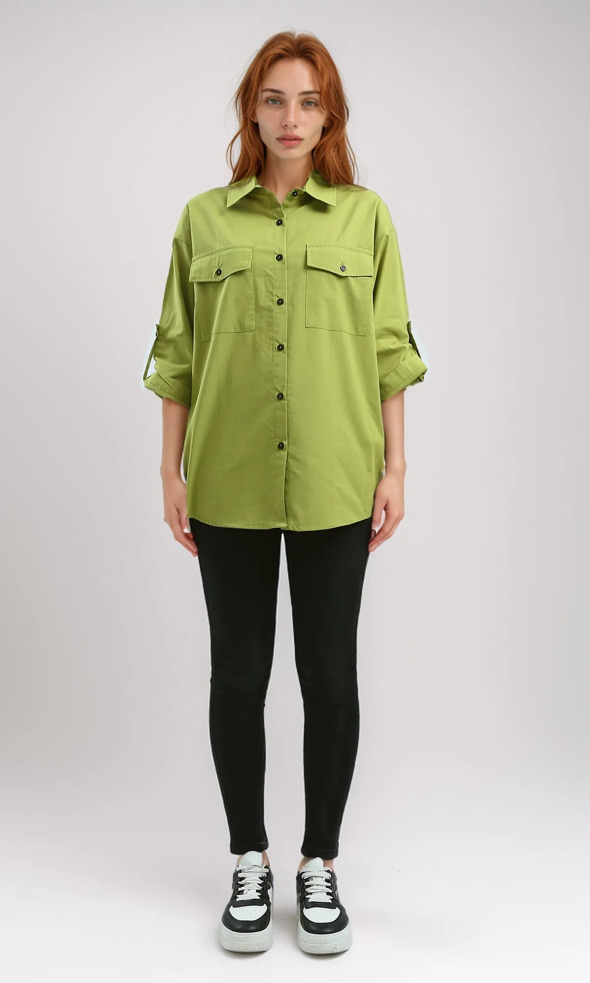 O181639 Relaxed Fit Casual Elbow Sleeves Shirt - Light Olive