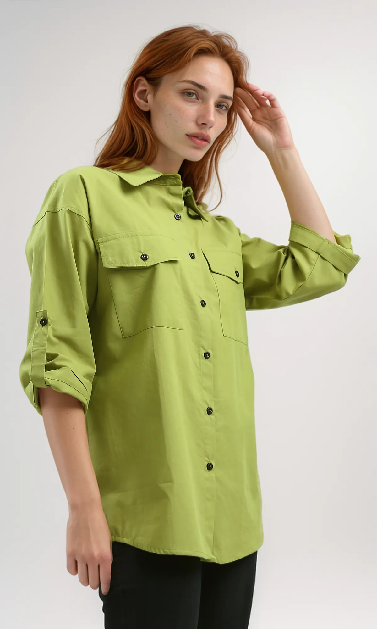 O181639 Relaxed Fit Casual Elbow Sleeves Shirt - Light Olive