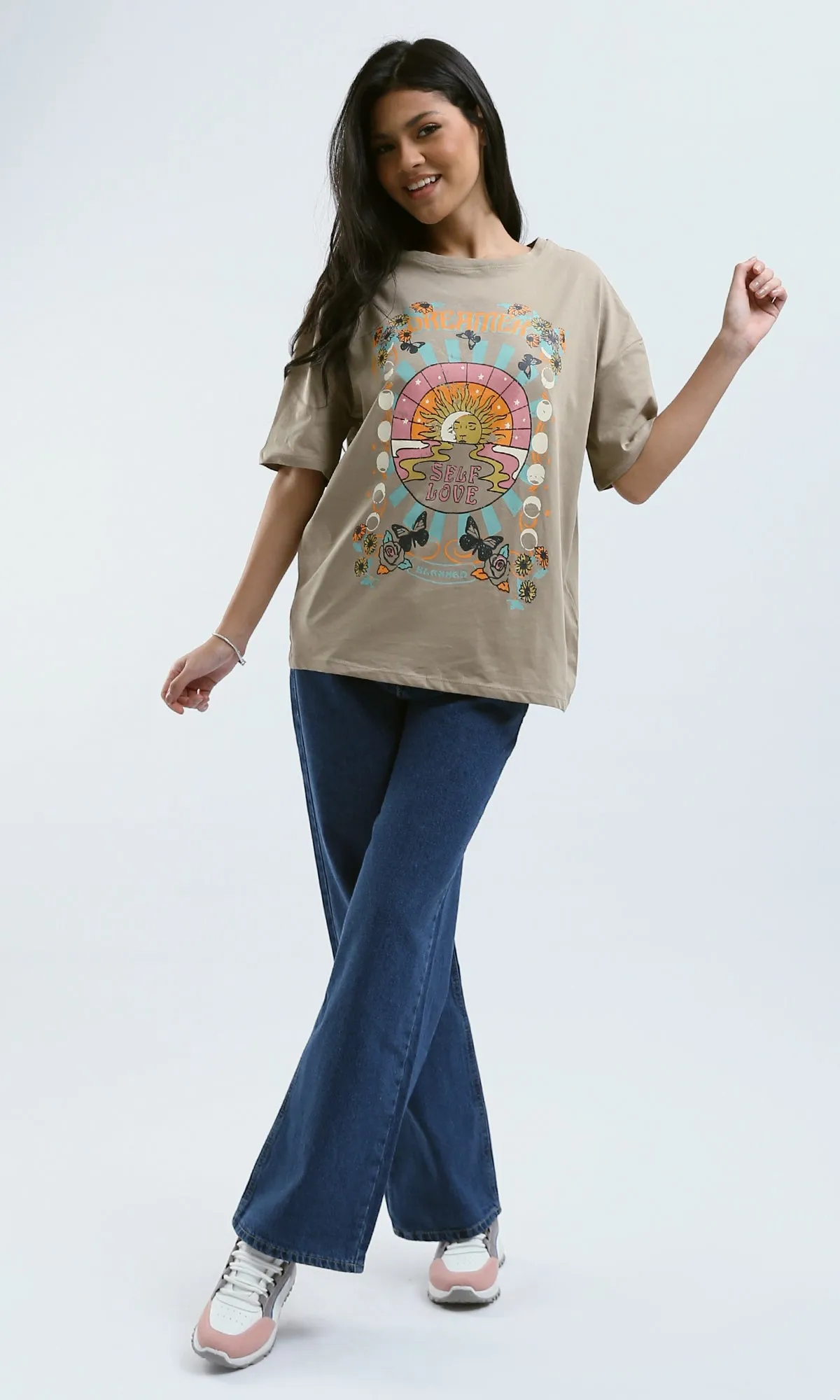 O181681 Printed Elbow-Sleeves Mocha Cotton Tee