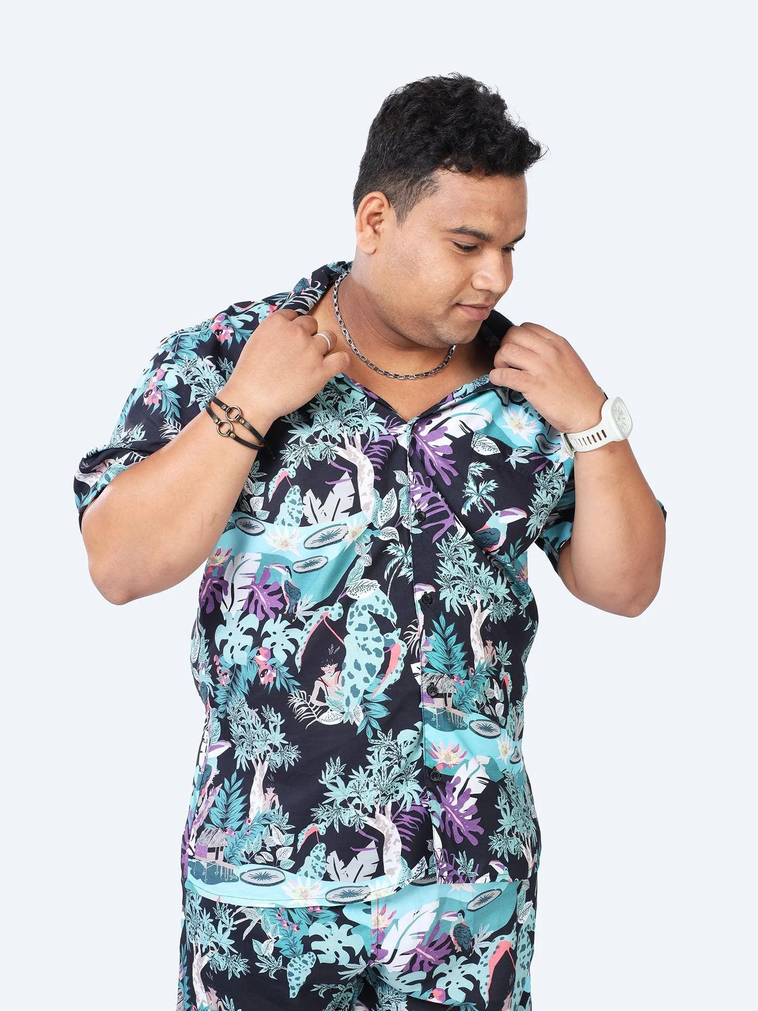 Plus Size Men Jungle Paradise Printed Half Sleeve Co-Ords