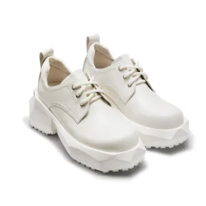 Round Toe Lace-Up Faceted Platform Derby Shoes in White