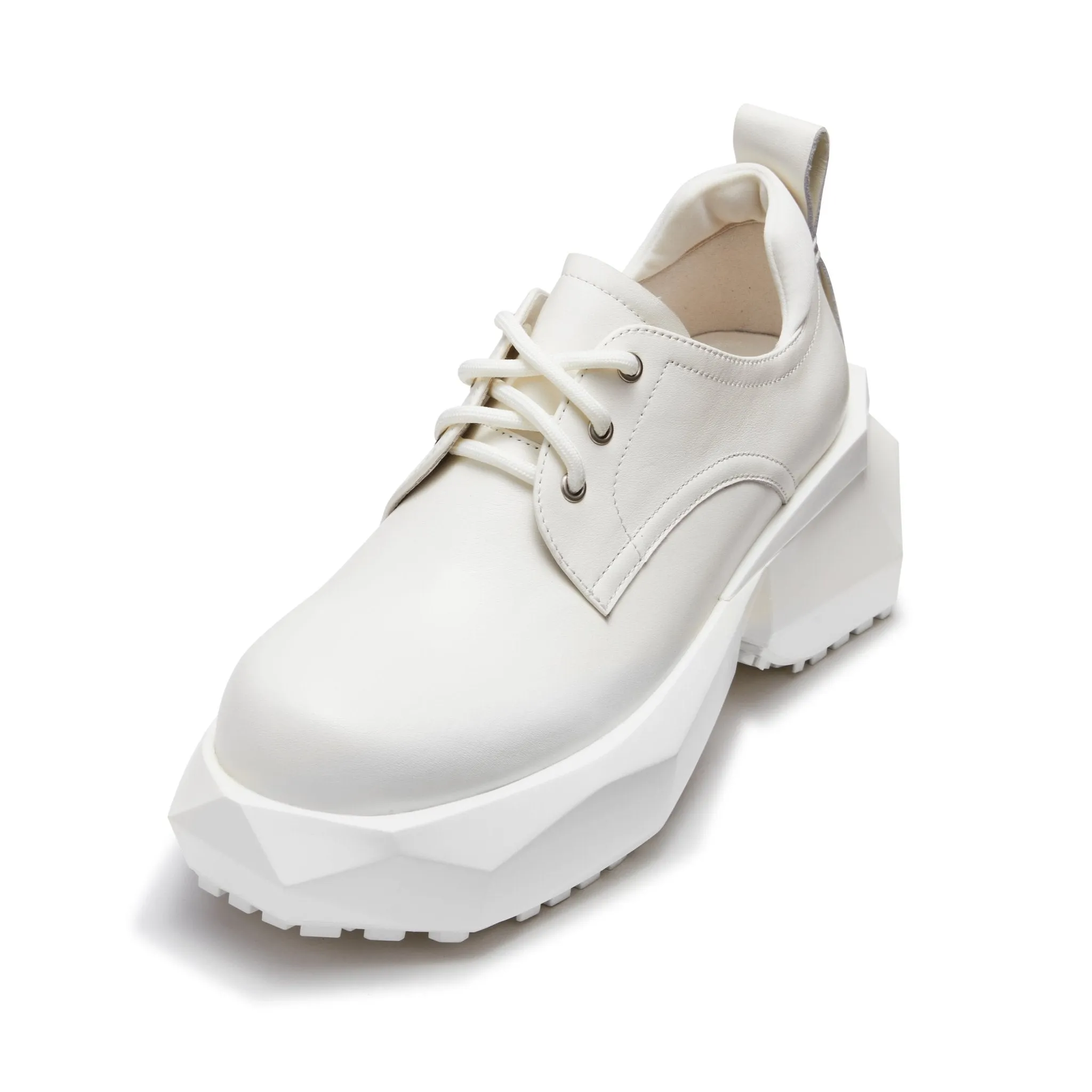 Round Toe Lace-Up Faceted Platform Derby Shoes in White