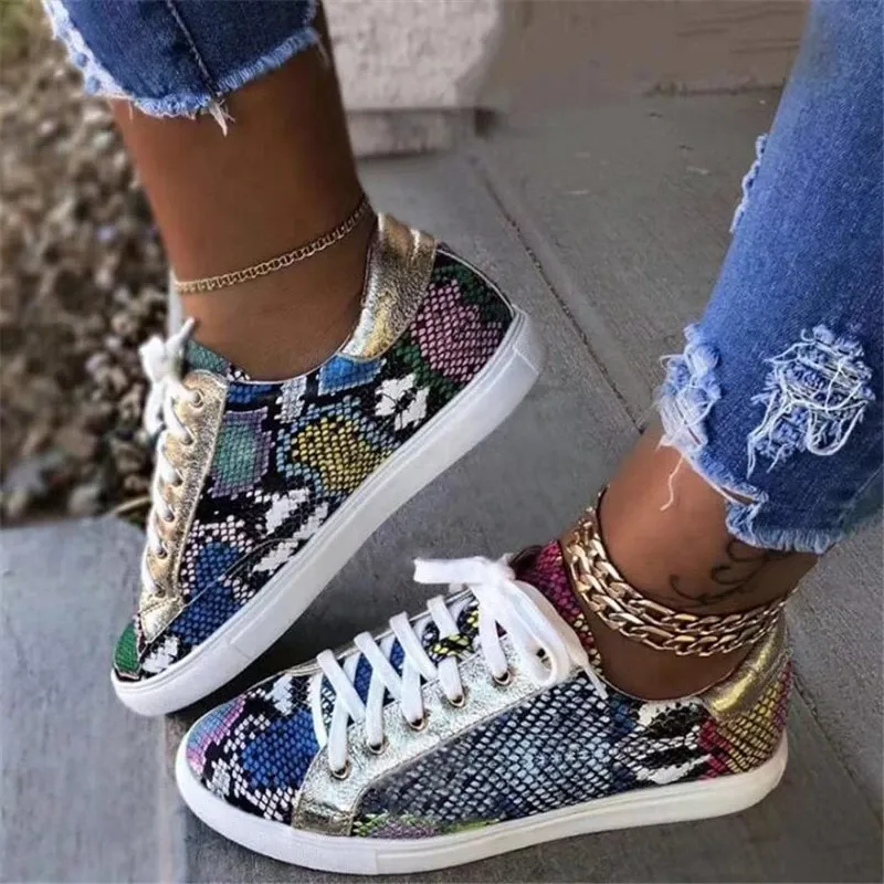 Snakeskin Styled Flat Sneakers