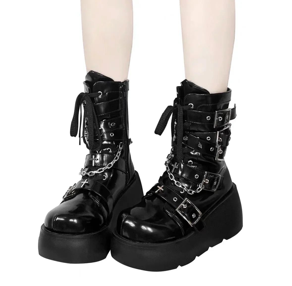 Sohiwoo Lolita Thick Sole Boots Cross Sweet Cool Y2K Spicy Girls Punk Rock Style Round Head Versatile Thick Sole Boots